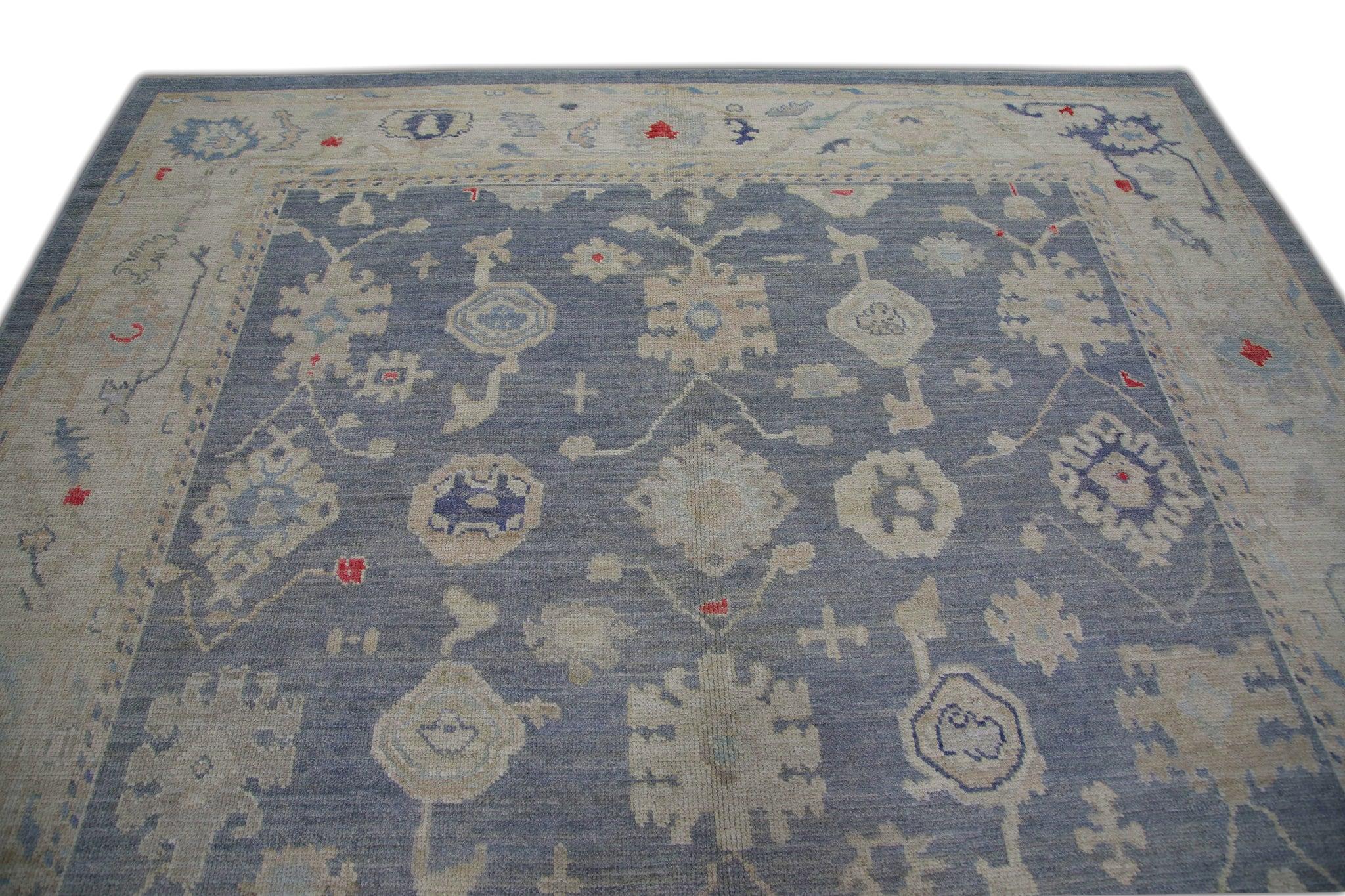 Vegetable Dyed Handwoven Wool Floral Turkish Oushak Rug in Blue, Red, and Cream 8'4