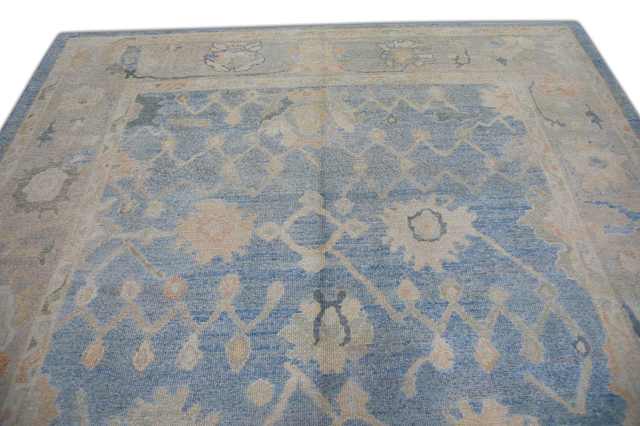 Hand-Woven Blue Floral Pattern Handwoven Wool Turkish Oushak Rug 8'7