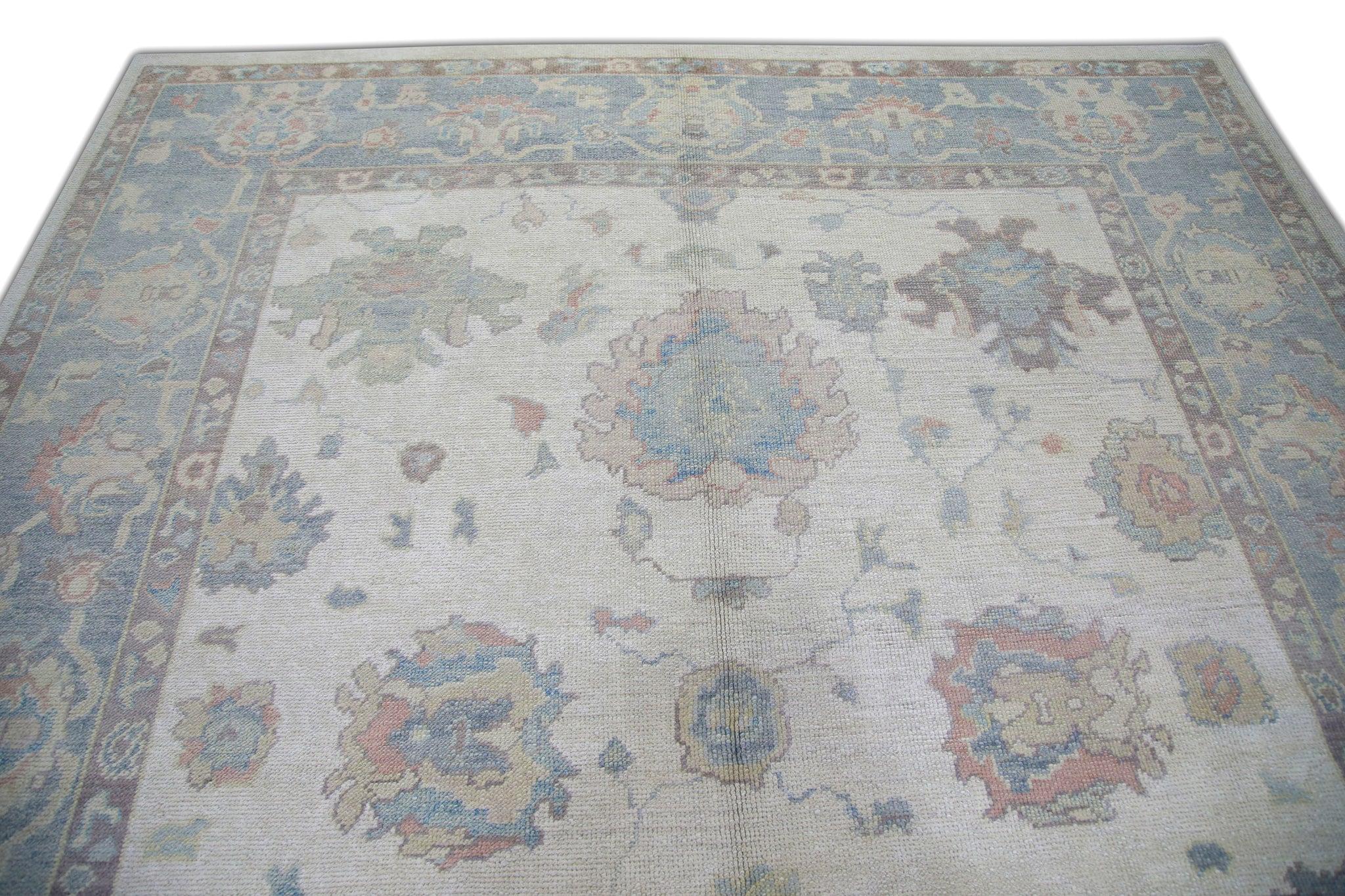 Vegetable Dyed Handwoven Wool Turkish Oushak Rug in Blue Floral Pattern 8'5