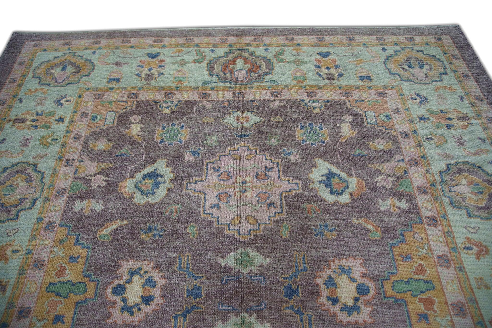 Alfombra Floral Tejida a Mano en Lana Turca Oushak en Morado, Rosa y Azul Bebé 8'8