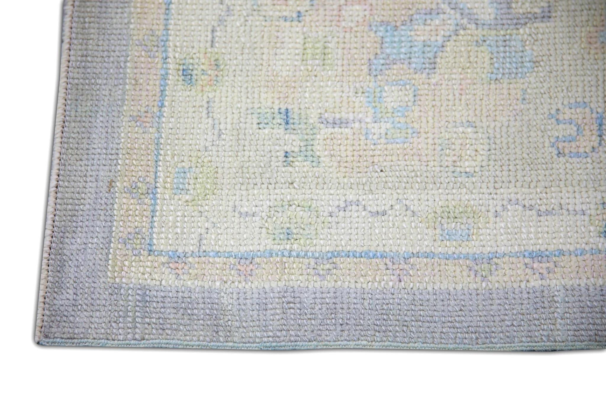 Vegetable Dyed Blue and Cream Floral Handwoven Wool Turkish Oushak Rug 8' x 10'4