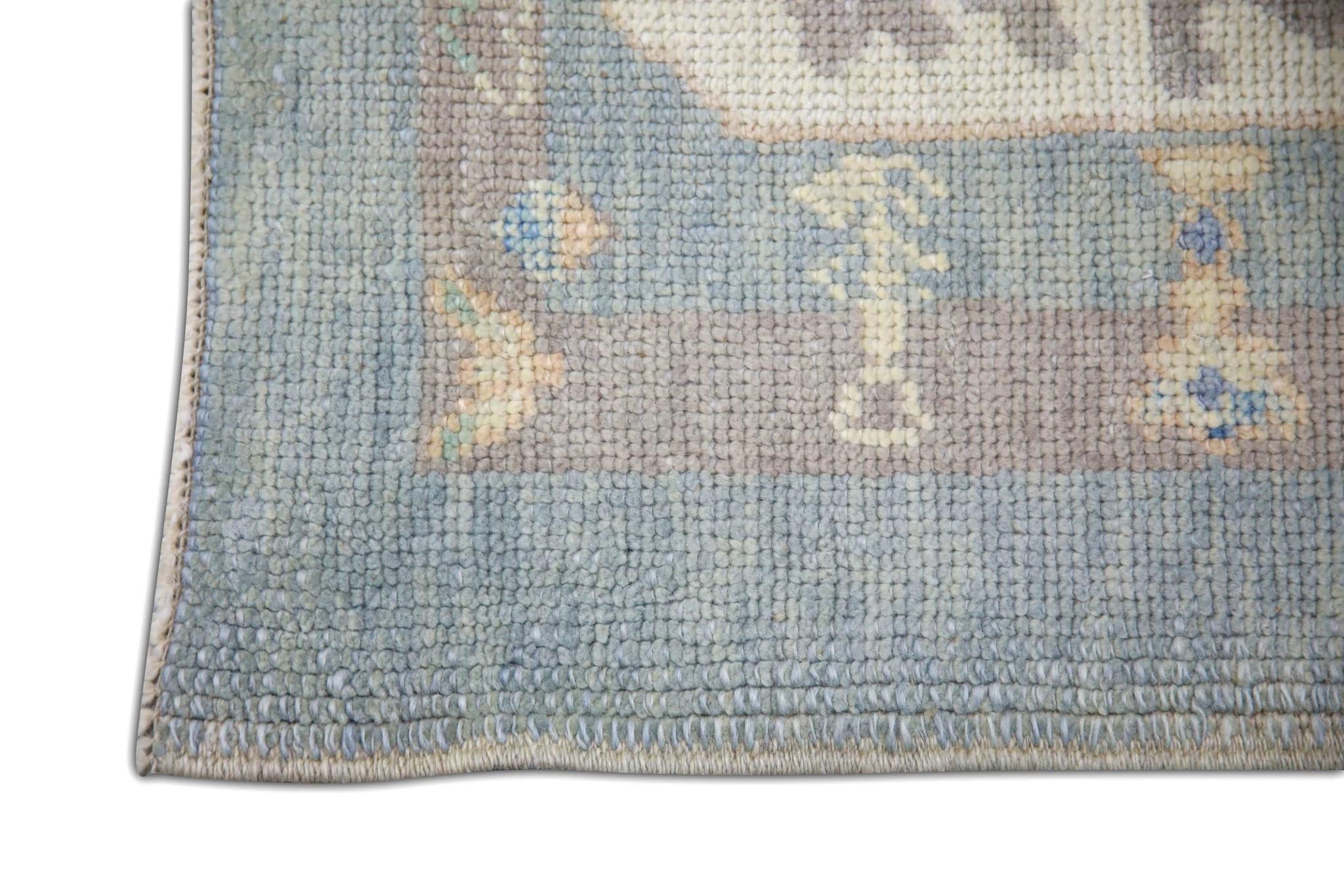 Vegetable Dyed Blue Colorful Floral Pattern Handwoven Wool Turkish Oushak Rug 8'3