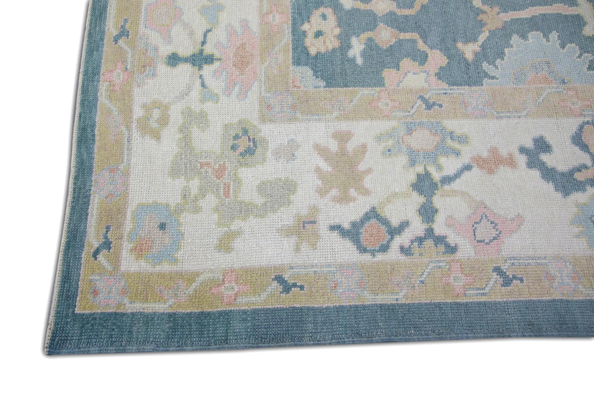 Vegetable Dyed Blue and Pink Handwoven Wool Floral Pattern Turkish Oushak Rug 8'7