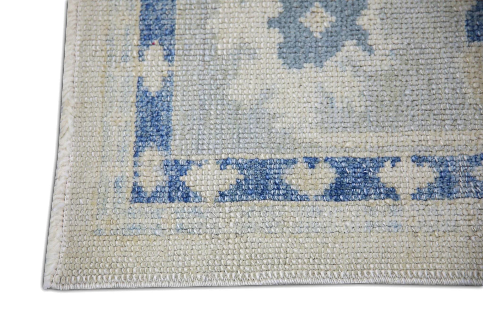 Vegetable Dyed Floral Handwoven Wool Turkish Oushak Rug in Cream and Blue 6'2