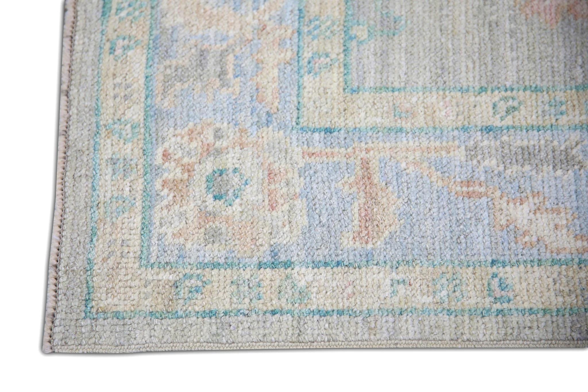 Turco Tappeto Oushak turco in lana intrecciata a mano con motivi floreali colorati blu 2'11