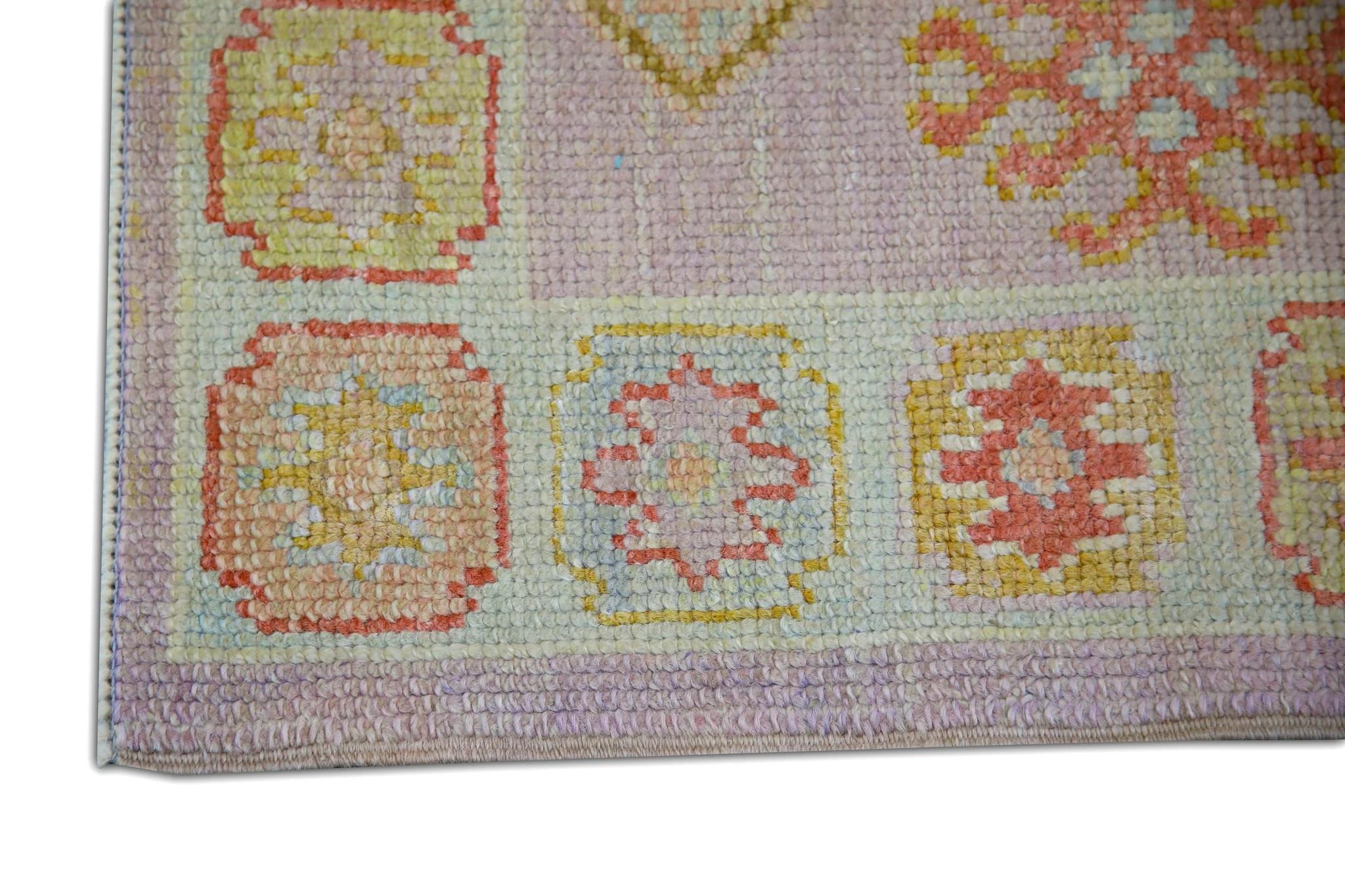 Vegetable Dyed Soft Pink Geometric Medallion Handwoven Wool Turkish Oushak Rug 3'1