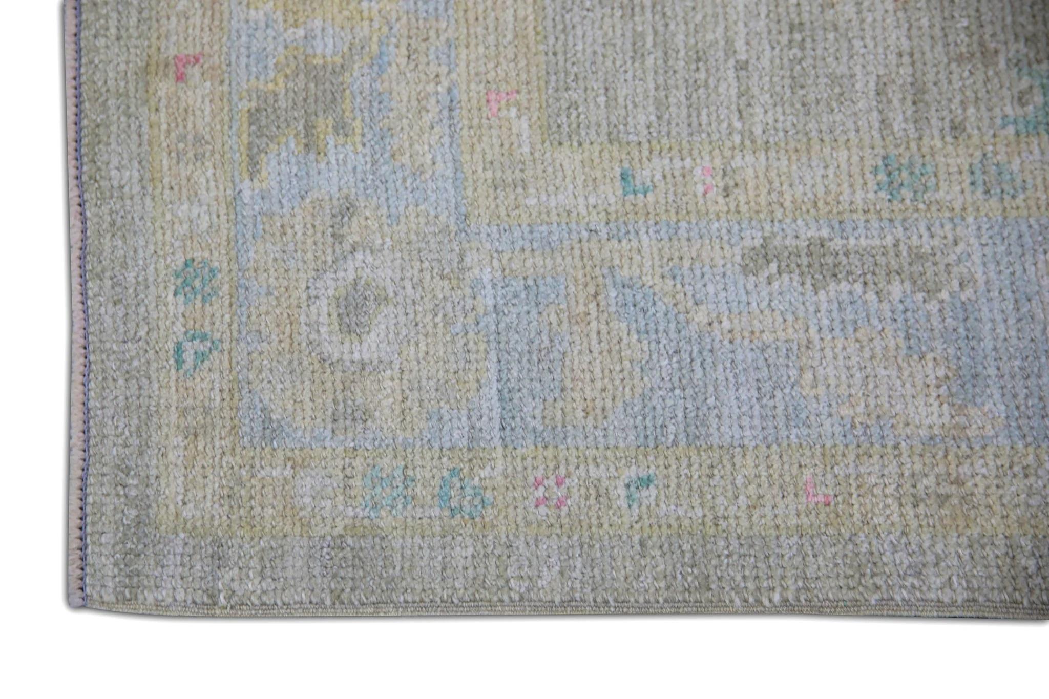 Vegetable Dyed Blue Floral Handwoven Wool Turkish Oushak Rug 3' x 10'4