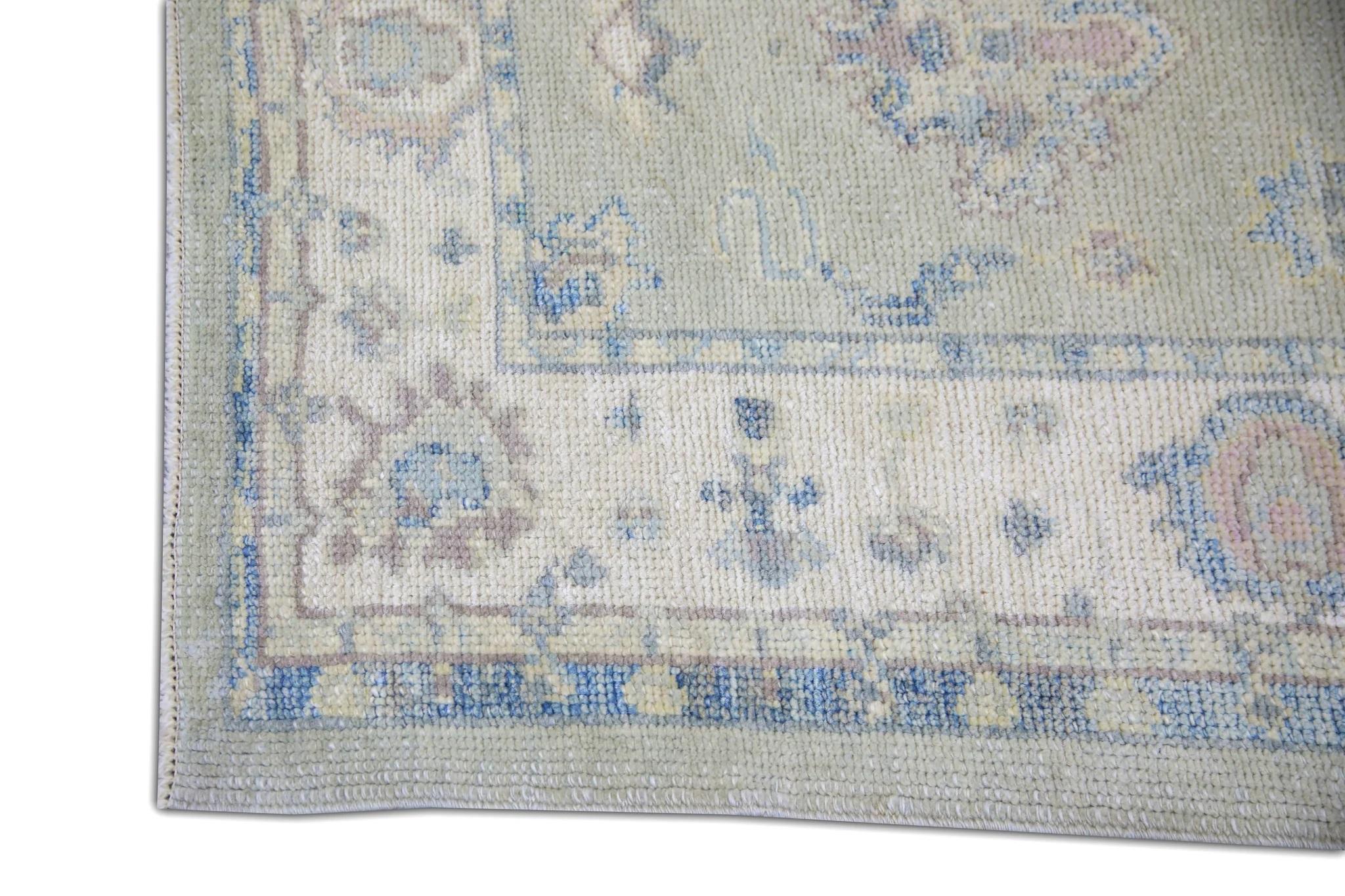 Vegetable Dyed Floral Handwoven Wool Turkish Oushak Rug in Celadon Green 3'2