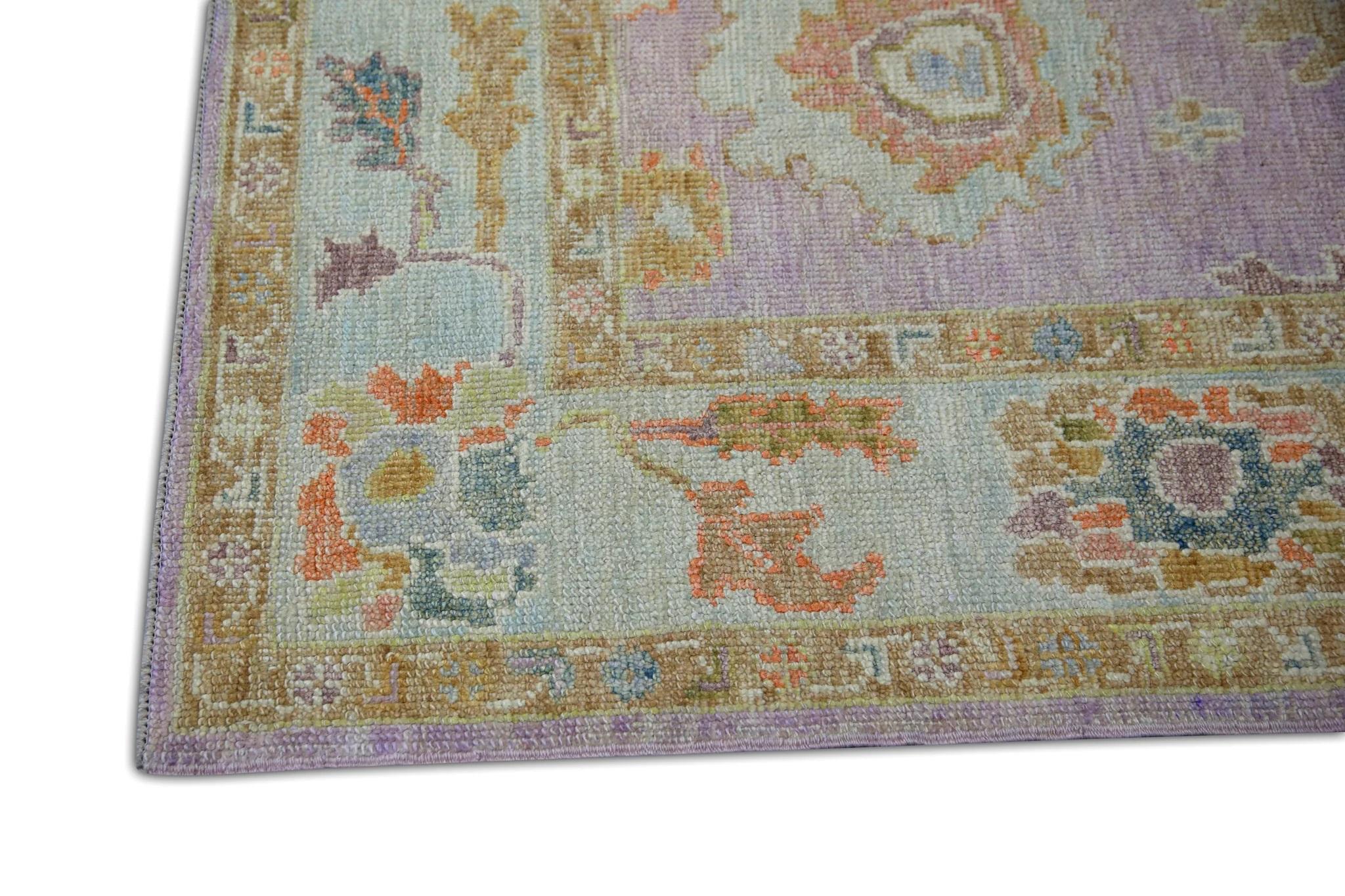 Vegetable Dyed Soft Purple Handwoven Wool Turkish Oushak Rug w/ Colorful Floral Design 5'1x6'8 For Sale