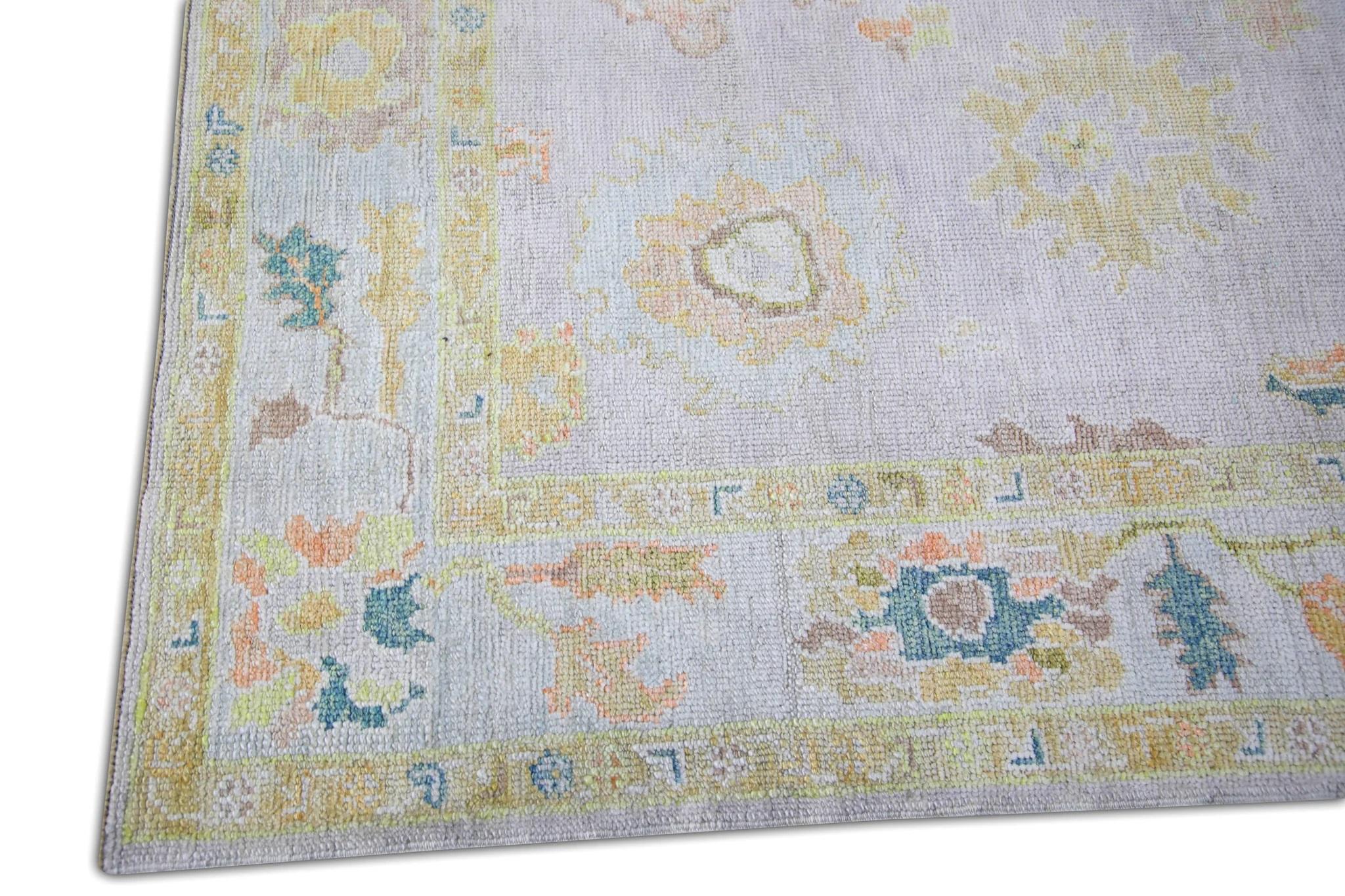 Vegetable Dyed Pastel Lilac Floral Handwoven Wool Turkish Oushak Rug 5' x 6'11