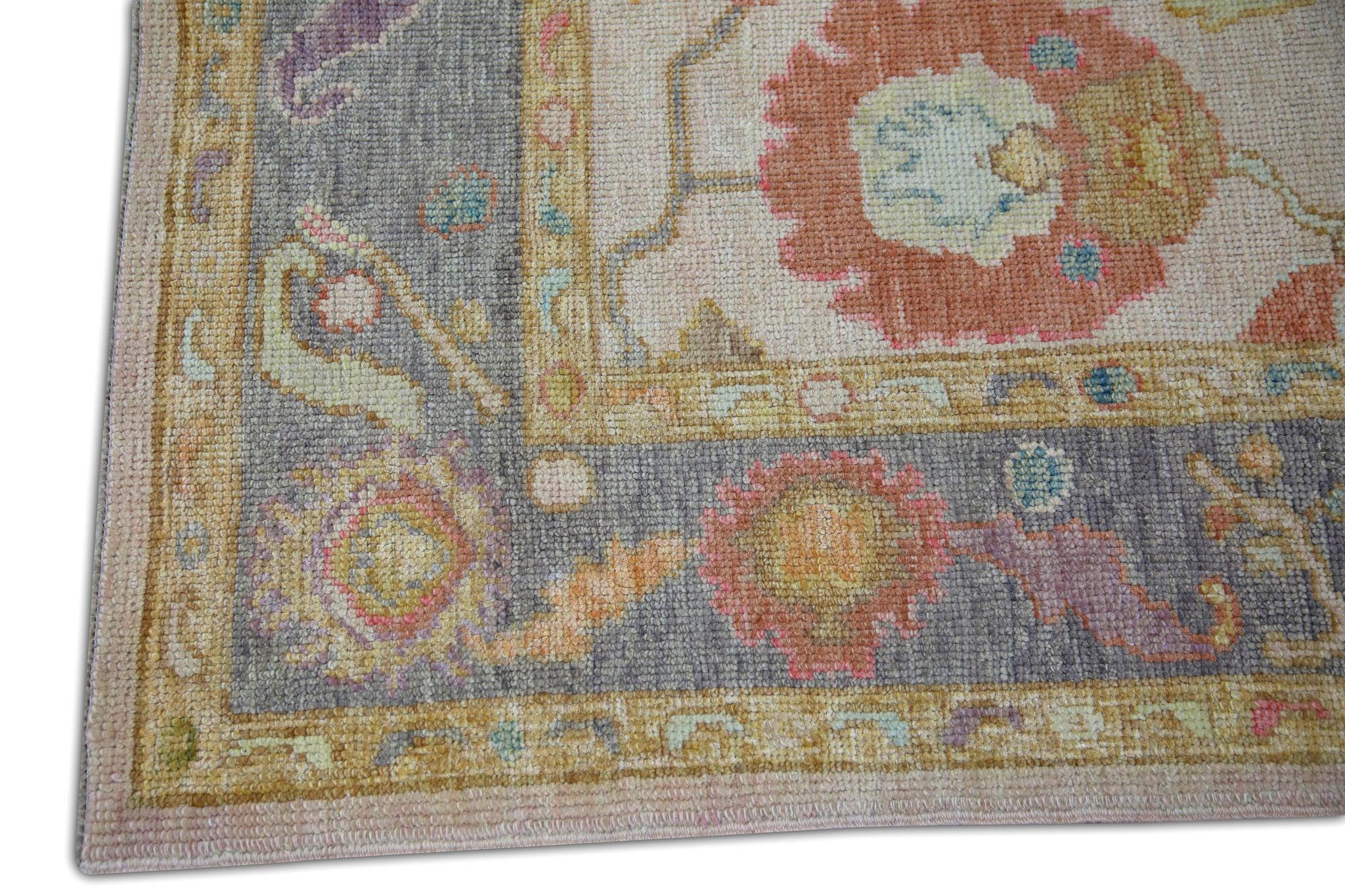 Vegetable Dyed Floral Handwoven Wool Turkish Oushak Rug in Soft Pink and Purple 5' x 6'9