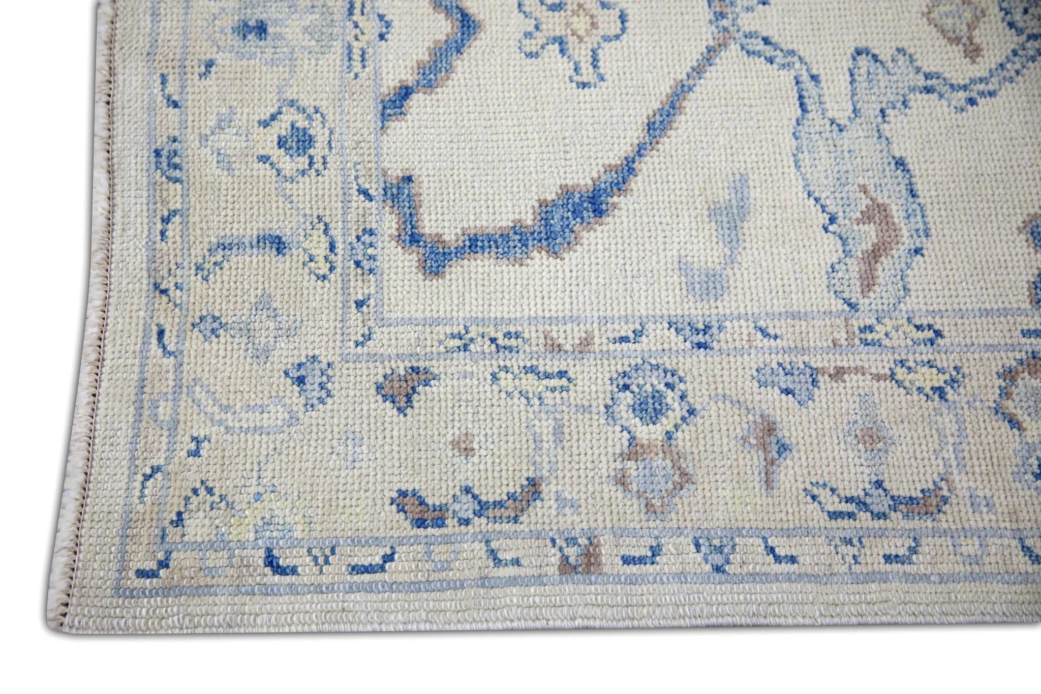 Vegetable Dyed Cream and Blue Floral Handwoven Wool Turkish Oushak Rug 3'1