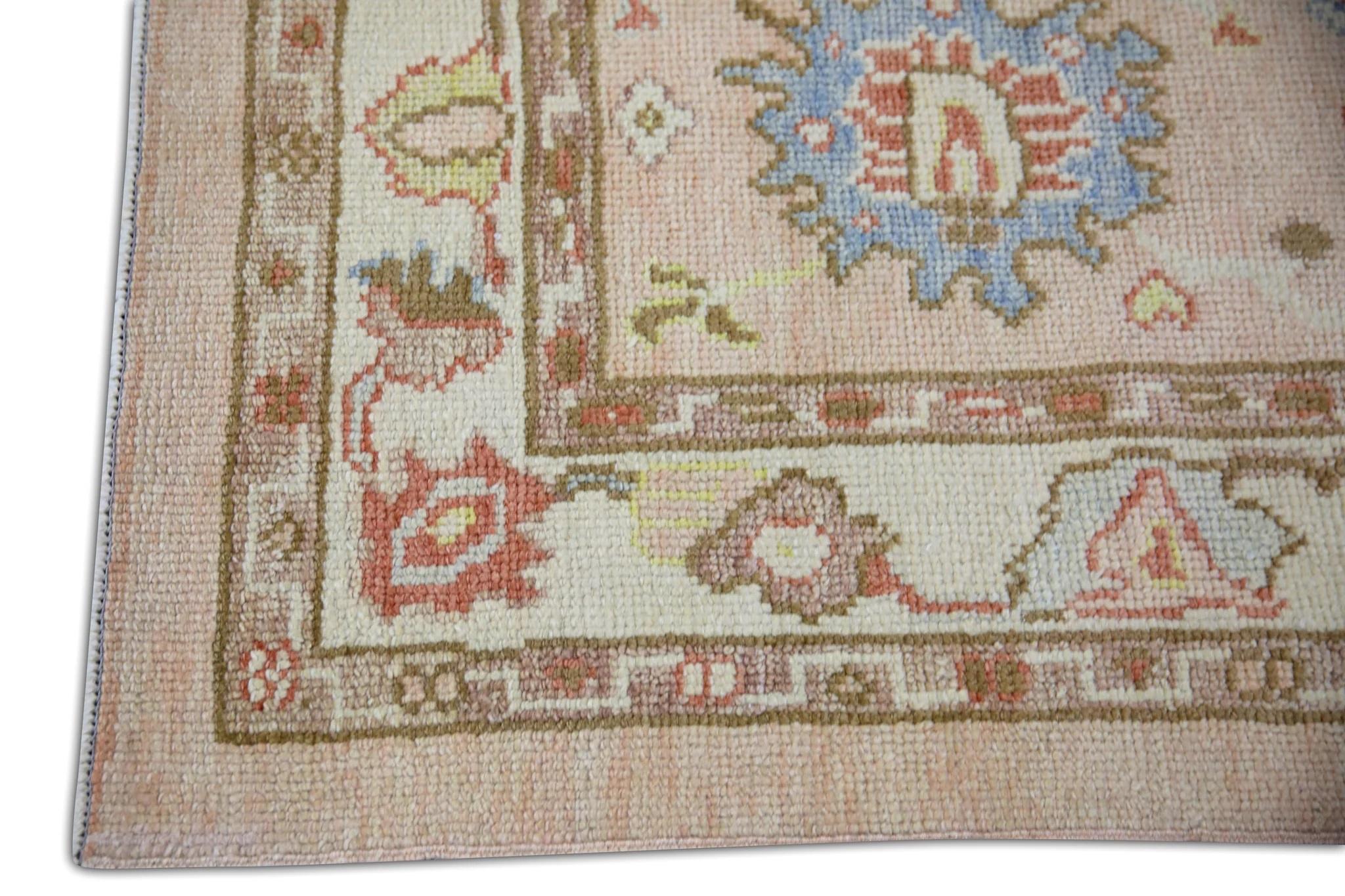 Vegetable Dyed Floral Handwoven Wool Turkish Oushak Rug in Soft Pastel Pink 2'10