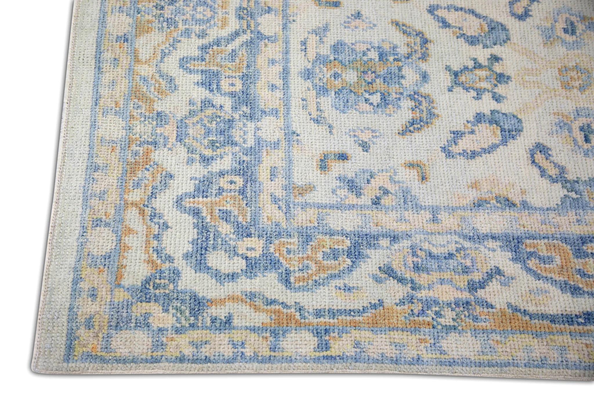 Vegetable Dyed Blue and Yellow Floral Handwoven Wool Turkish Oushak Rug 3'2