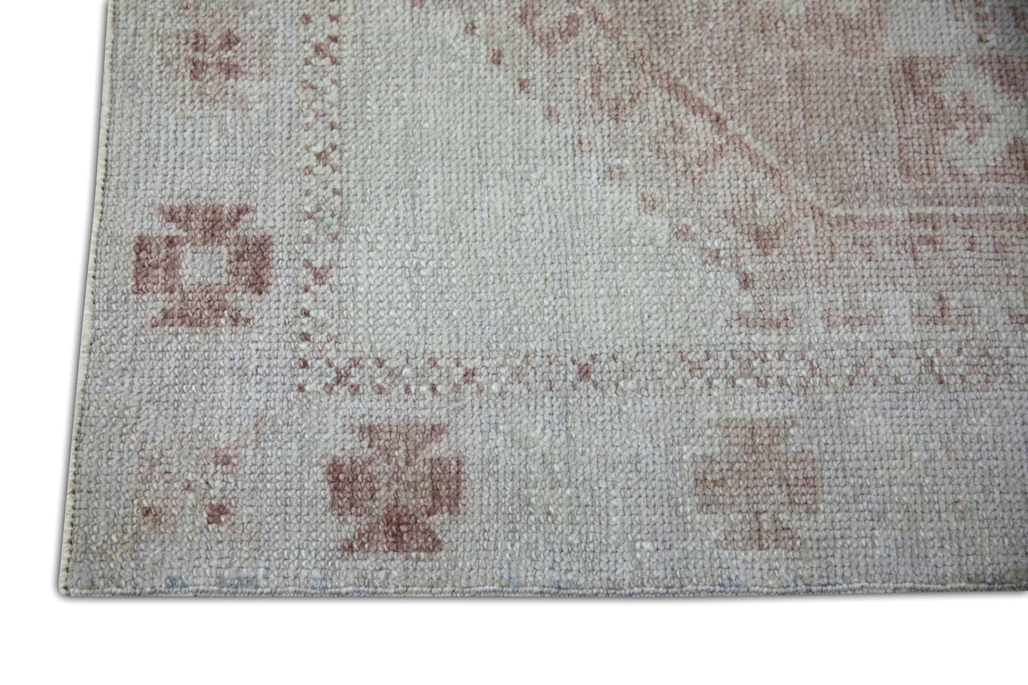Vegetable Dyed Pink and Beige Geometric Medallion Handwoven Wool Turkish Oushak Rug 3' x 6'3
