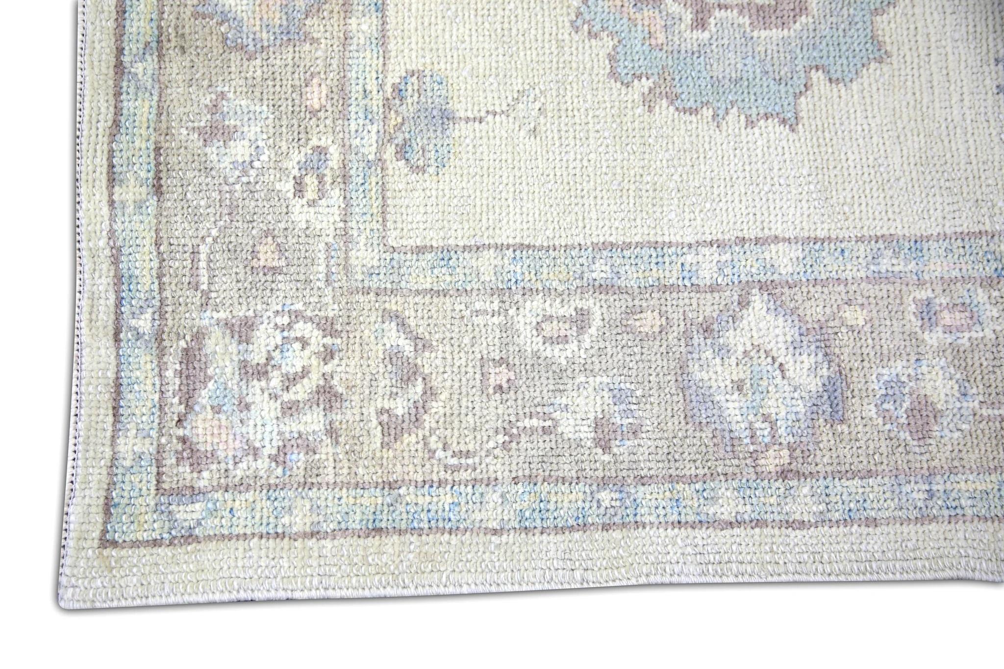 Vegetable Dyed Cream, Blue, and Purple Floral Handwoven Wool Turkish Oushak Rug 3'2