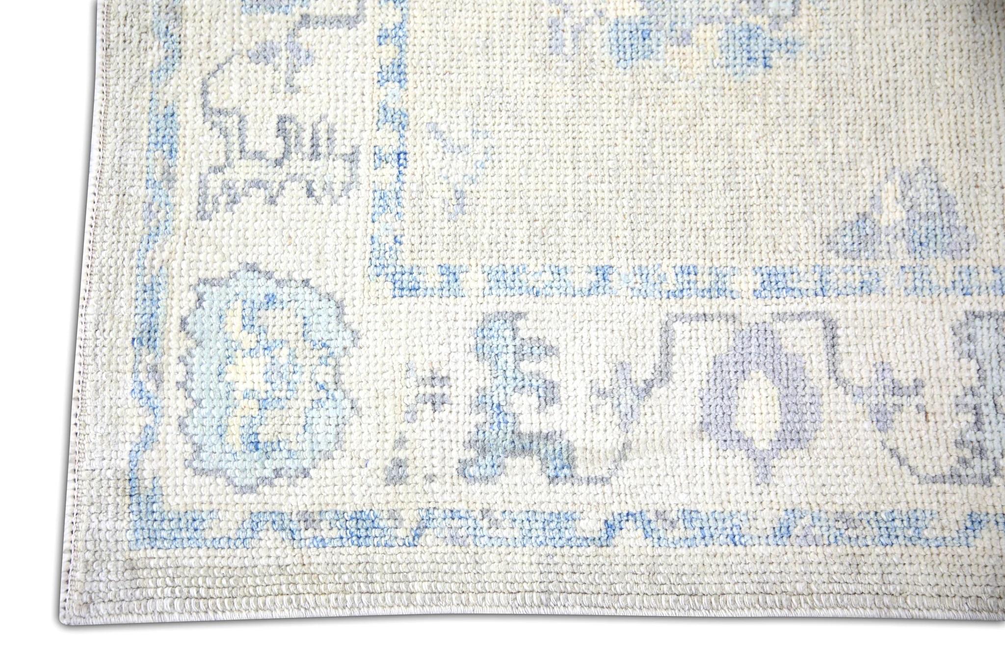 Vegetable Dyed Floral Handwoven Wool Turkish Oushak Rug in Cream and Soft Blue 3'2