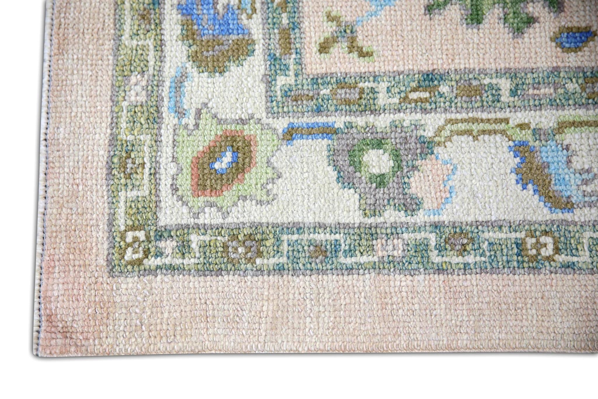 Vegetable Dyed Pale Pink, Green, and Blue Floral Handwoven Wool Turkish Oushak Rug 2'11