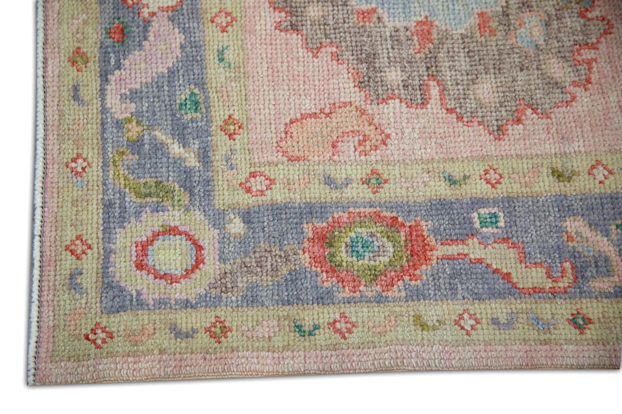 Vegetable Dyed Soft Pink Handwoven Wool Turkish Oushak Rug in Floral Pattern 3' x 4'10