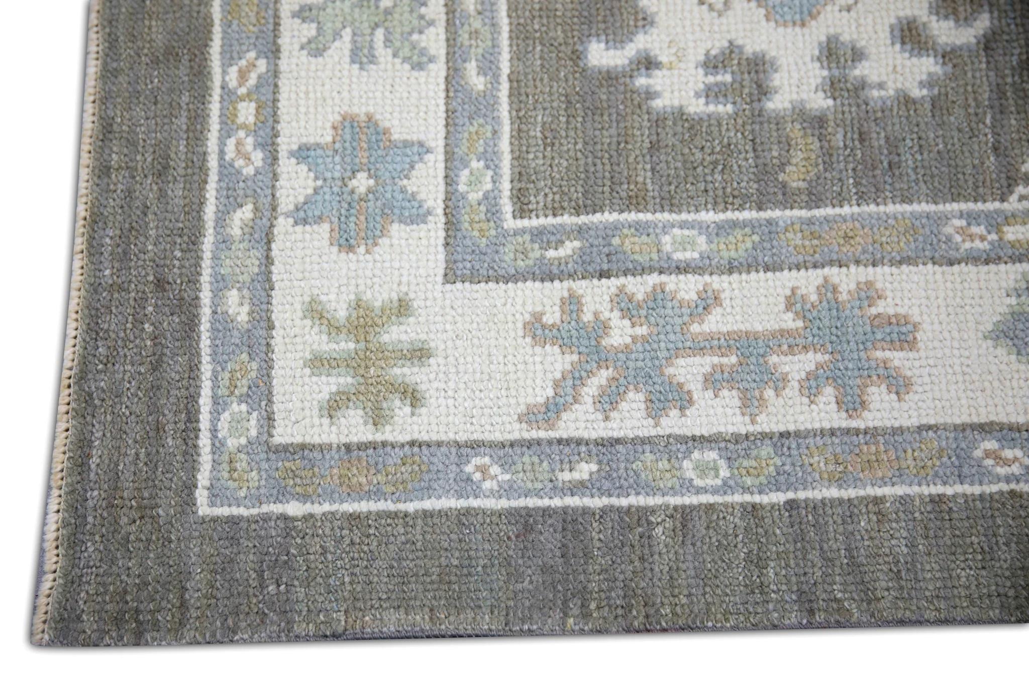 Vegetable Dyed Olive Green Floral Handwoven Wool Turkish Oushak Rug 3' x 5'4