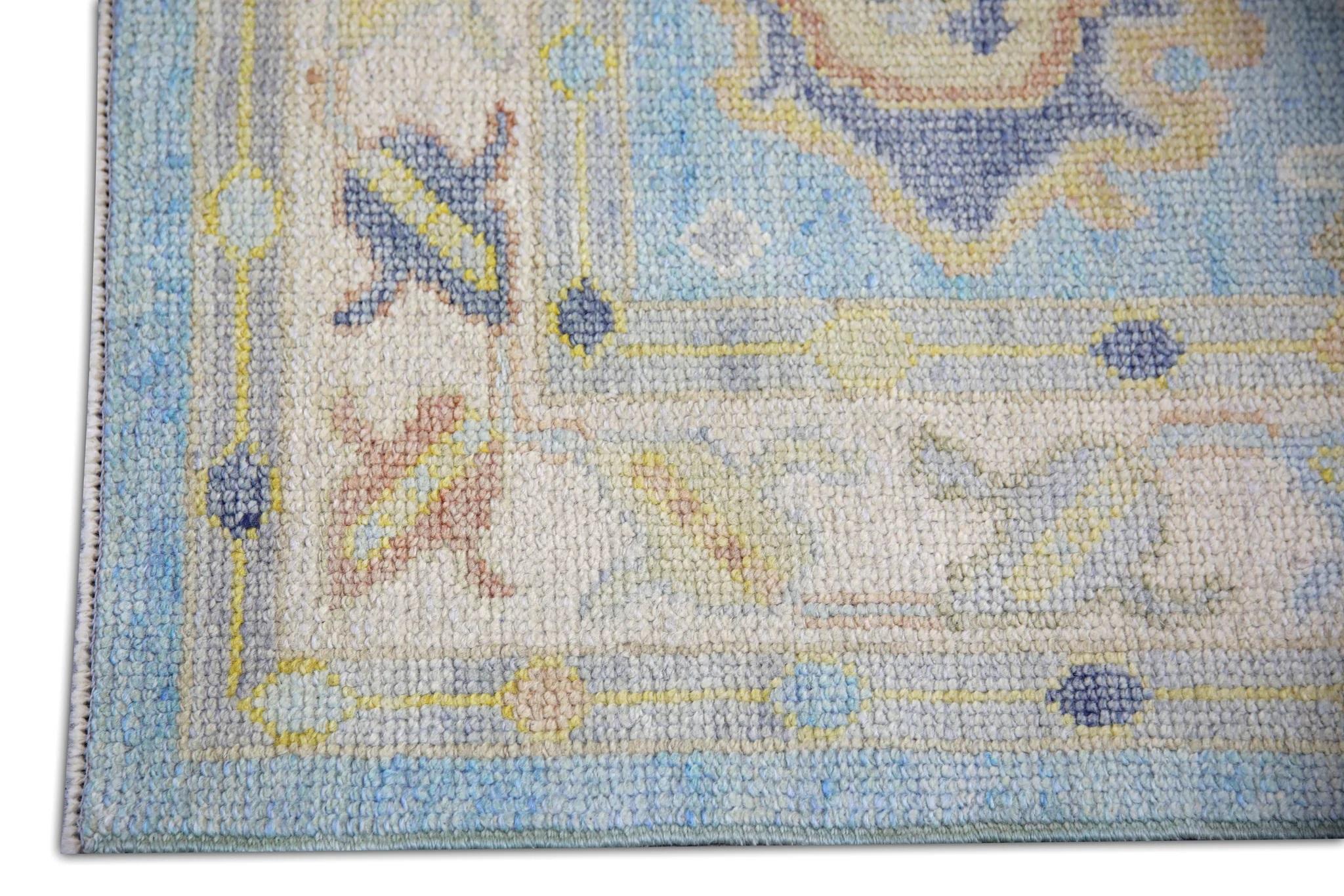 Vegetable Dyed Geometric Floral Handwoven Turkish Oushak Rug in Pastel Blue 2'10
