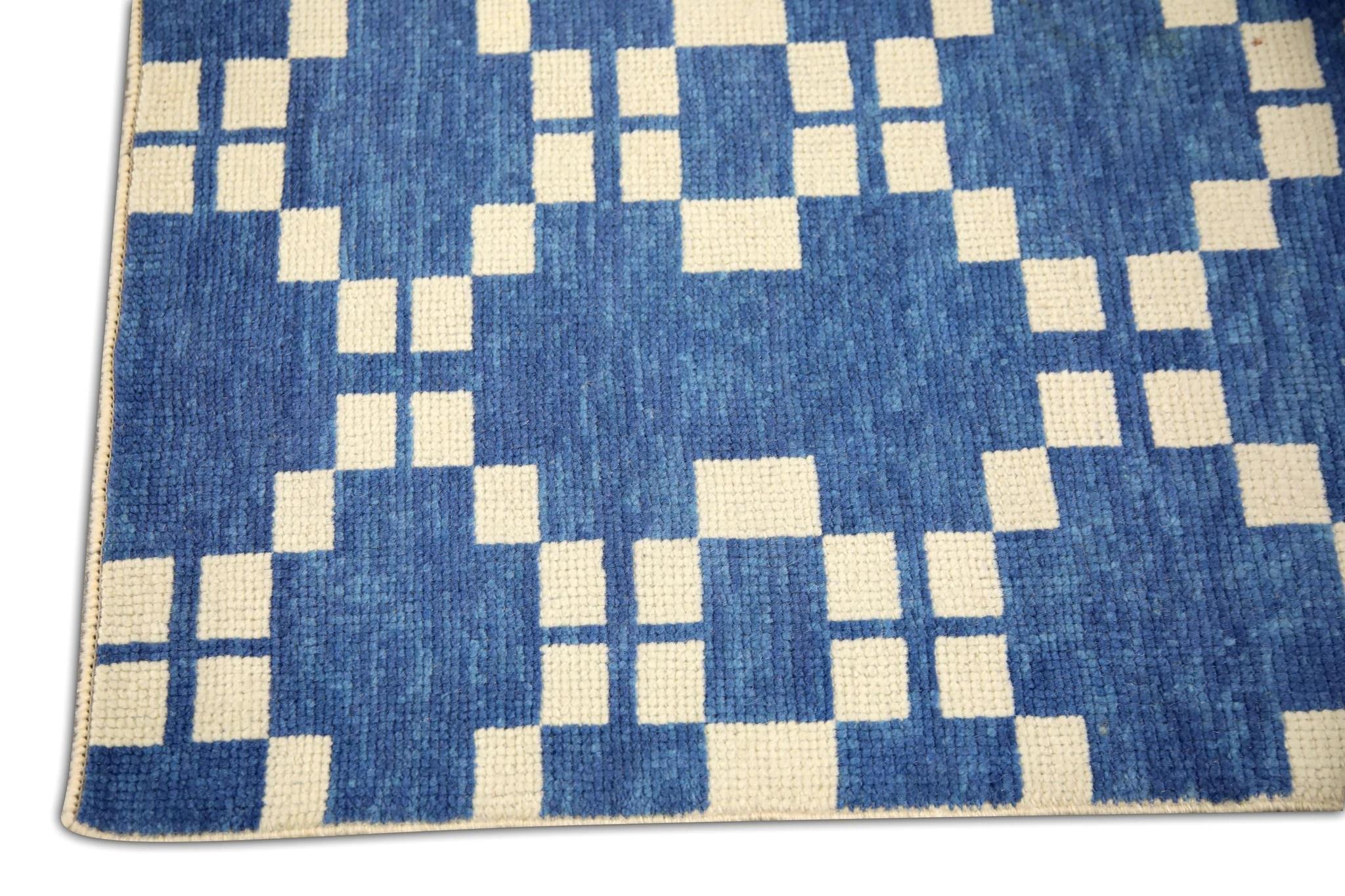 Vegetable Dyed Tribal Geometric Handwoven Turkish Oushak Rug in Blue and Cream 3' x 5'2