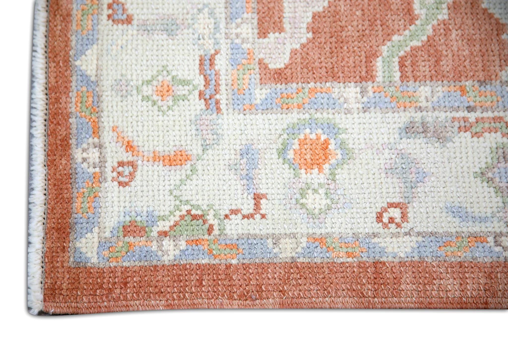 Vegetable Dyed All-Over Floral Handwoven Turkish Oushak Rug in Coral, Cream, and Blue 3'2 x 5'1 For Sale