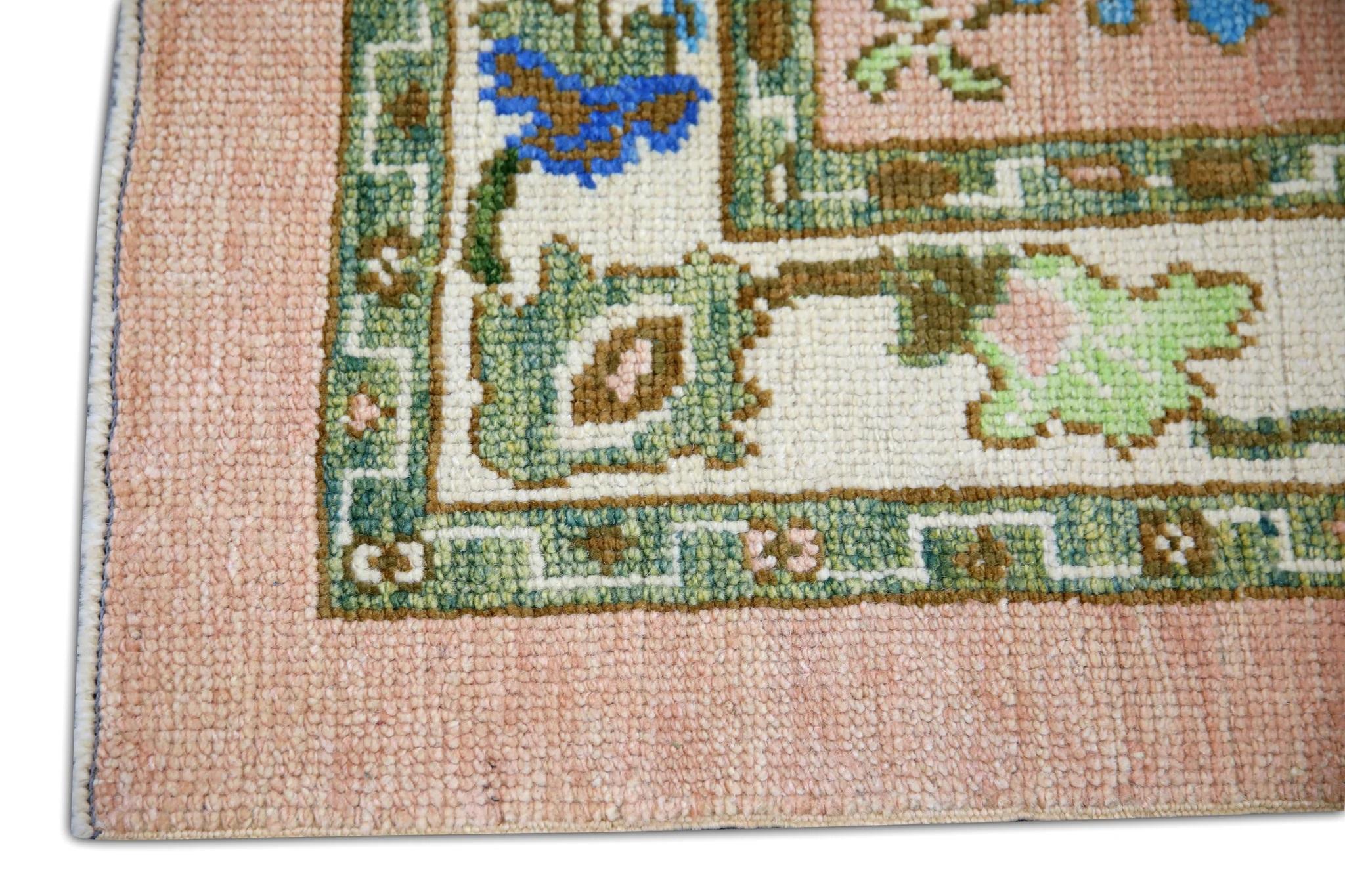 Vegetable Dyed Floral Handwoven Turkish Oushak Rug in Coral, Green, Brown, and Blue 3' x 5'1