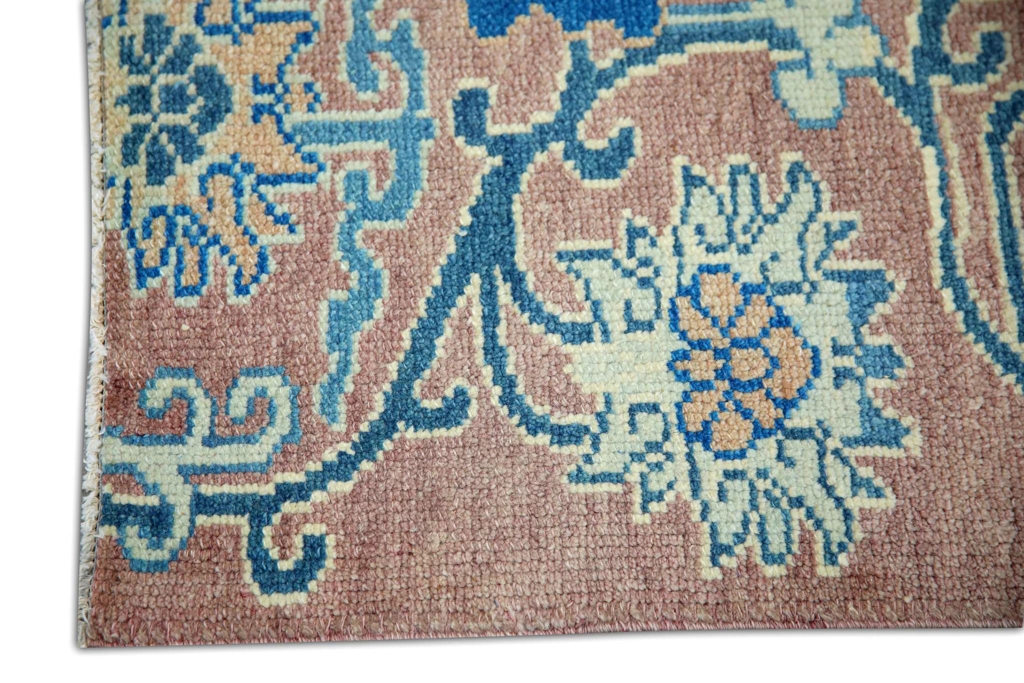 Hand-Woven Blush Pink Floral Pattern Handwoven Wool Turkish Oushak Rug 2'9