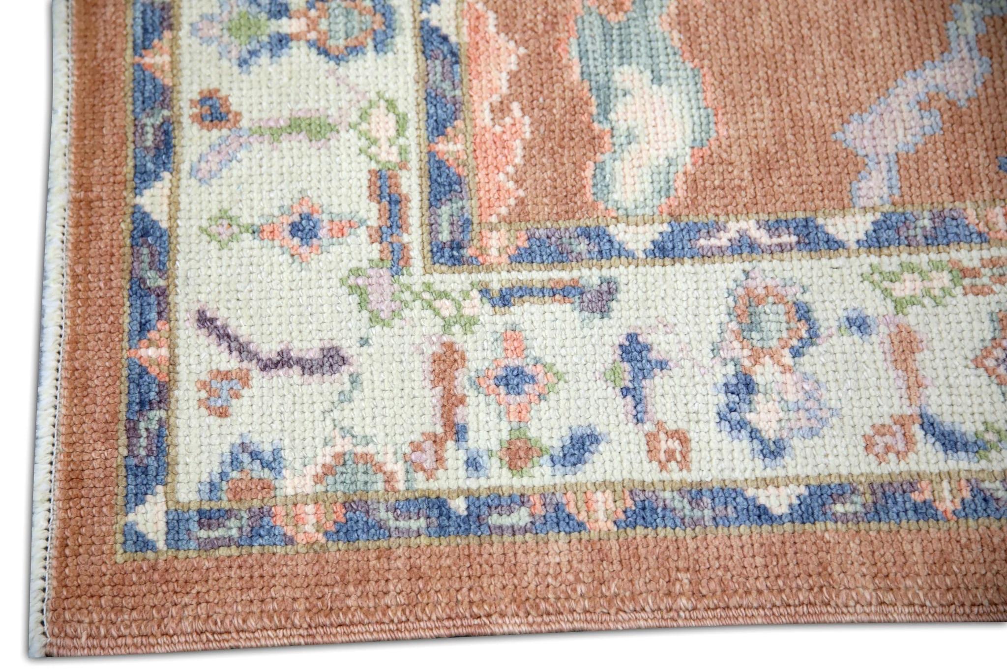 Vegetable Dyed Burnt Orange Floral Pattern Handwoven Wool Turkish Oushak Rug 3'1