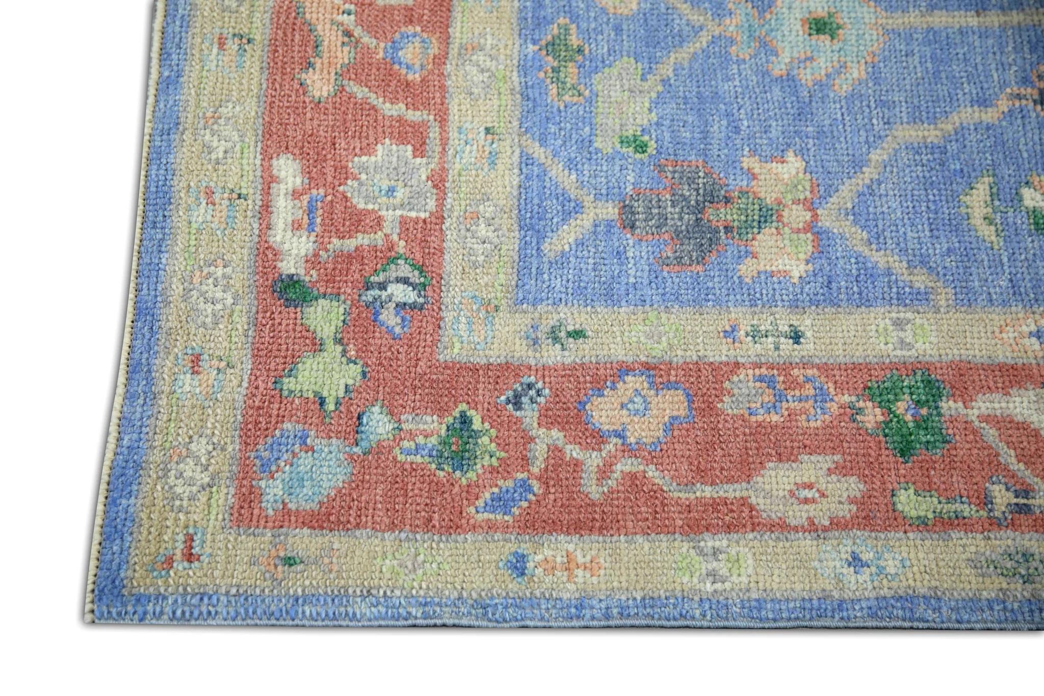 Vegetable Dyed Blue & Red Floral Pattern Handwoven Wool Turkish Oushak Rug 4'2