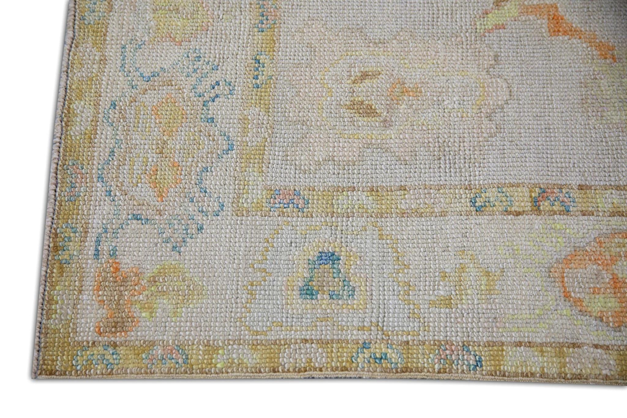 Vegetable Dyed Handwoven Wool Turkish Oushak Rug w/ Colorful Pastel Floral Design 3'11