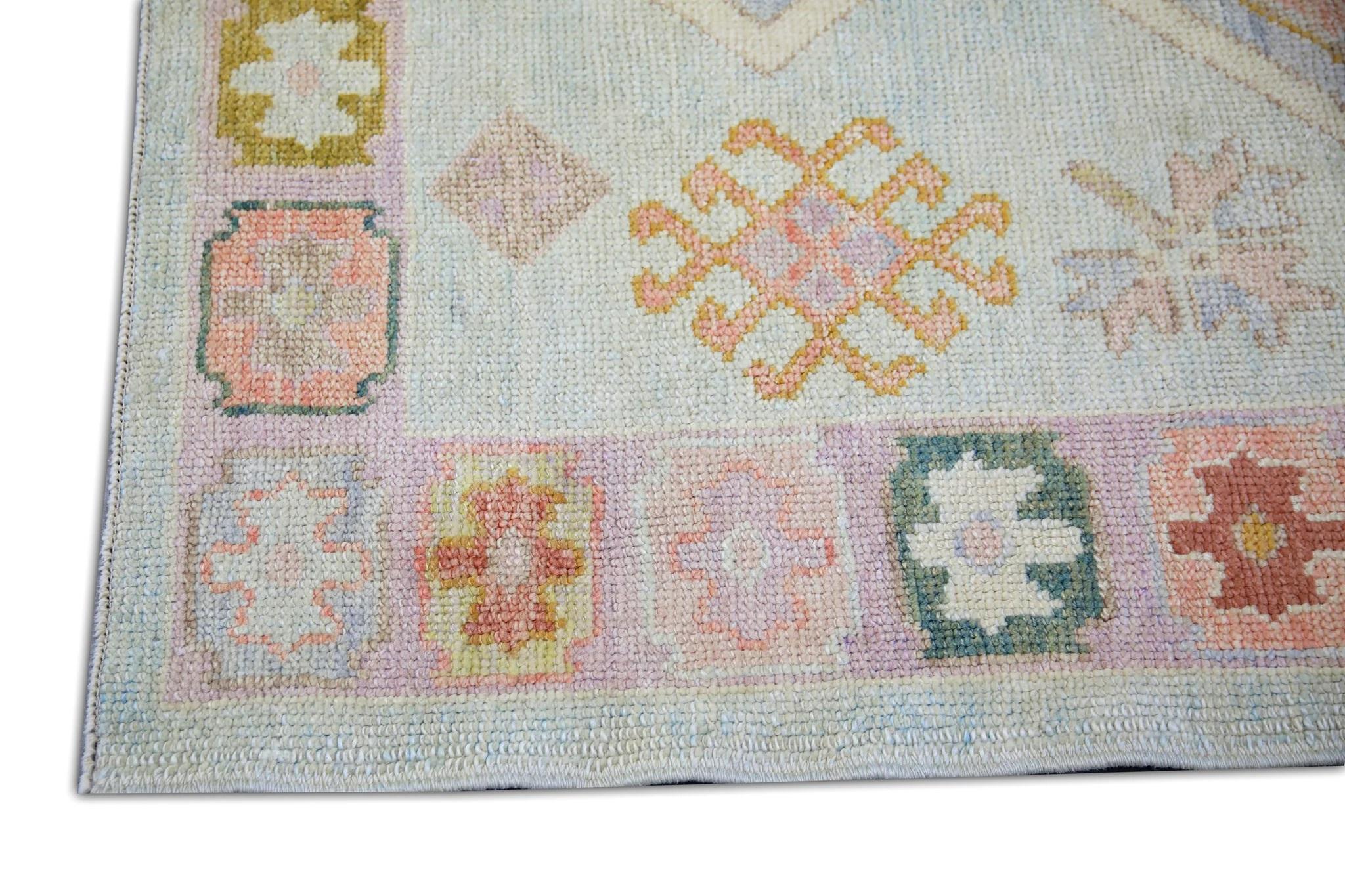 Vegetable Dyed Baby Blue Geometric Diamond Design Handwoven Wool Turkish Oushak Rug 4'3