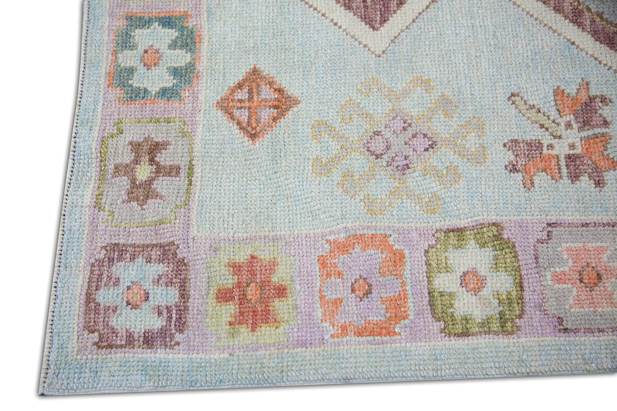 Vegetable Dyed Baby Blue Handwoven Wool Turkish Oushak Rug w/ Colorful Diamond Pattern 4'2x6'4 For Sale