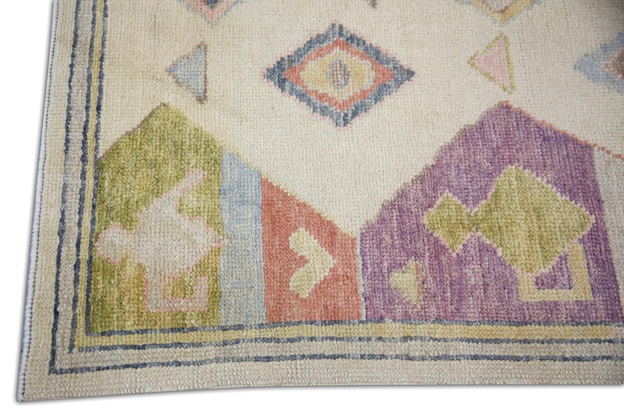 Vegetable Dyed Multicolor Geometric Pattern Handwoven Wool Turkish Oushak Rug 4'2