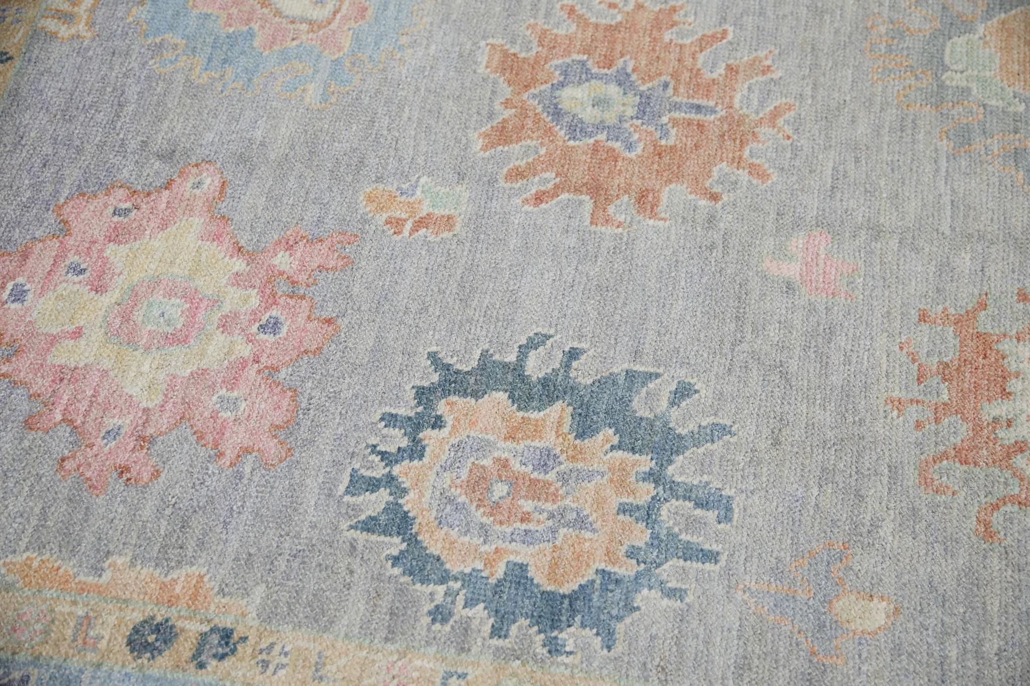 Vegetable Dyed Blue Handwoven Wool Turkish Oushak Rug with Floral Design 5' x 6'11