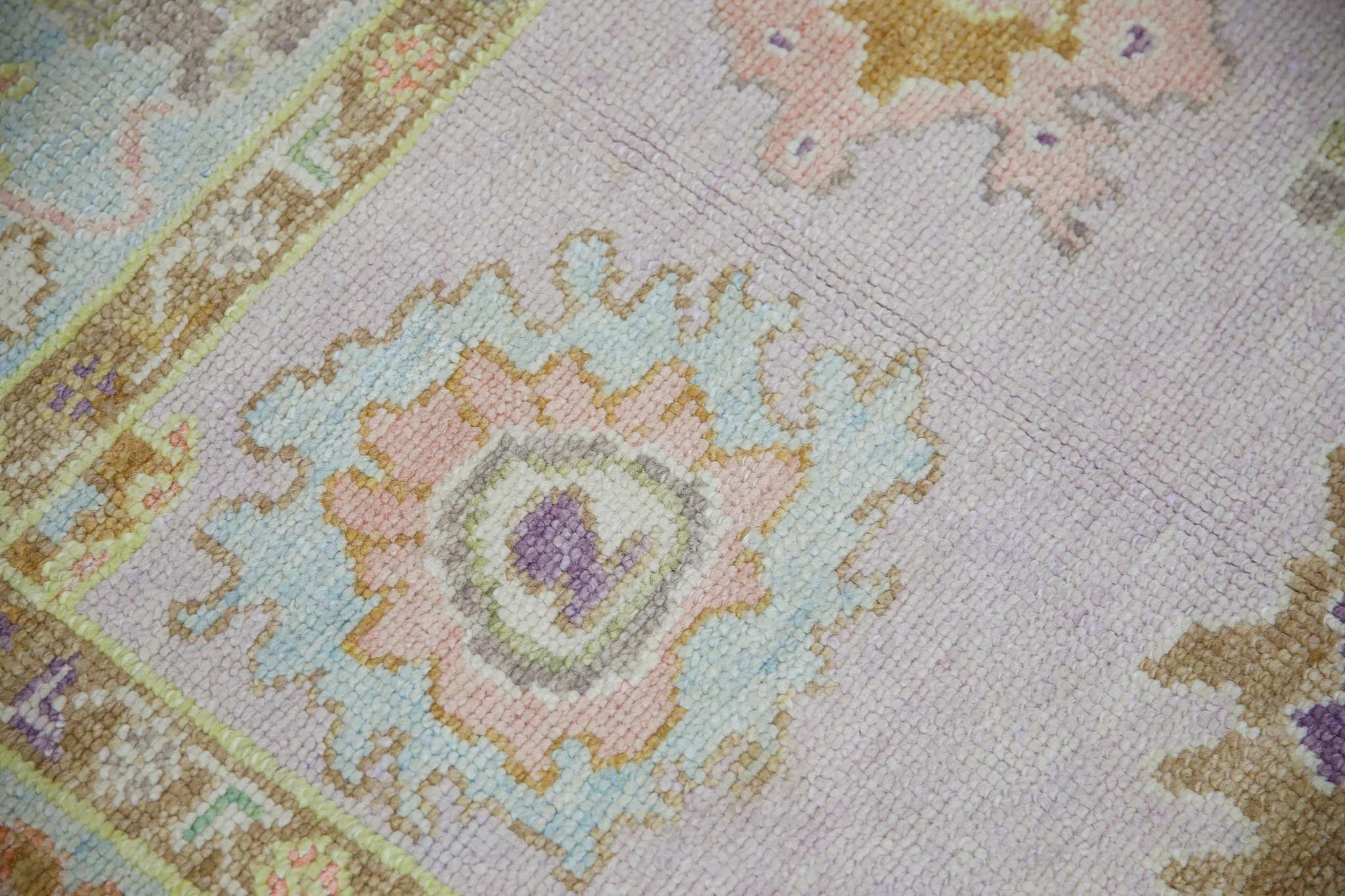 Vegetable Dyed Handwoven Wool Turkish Oushak Rug Lilac Field Multicolor Floral Design 4'2 x 5'7 For Sale