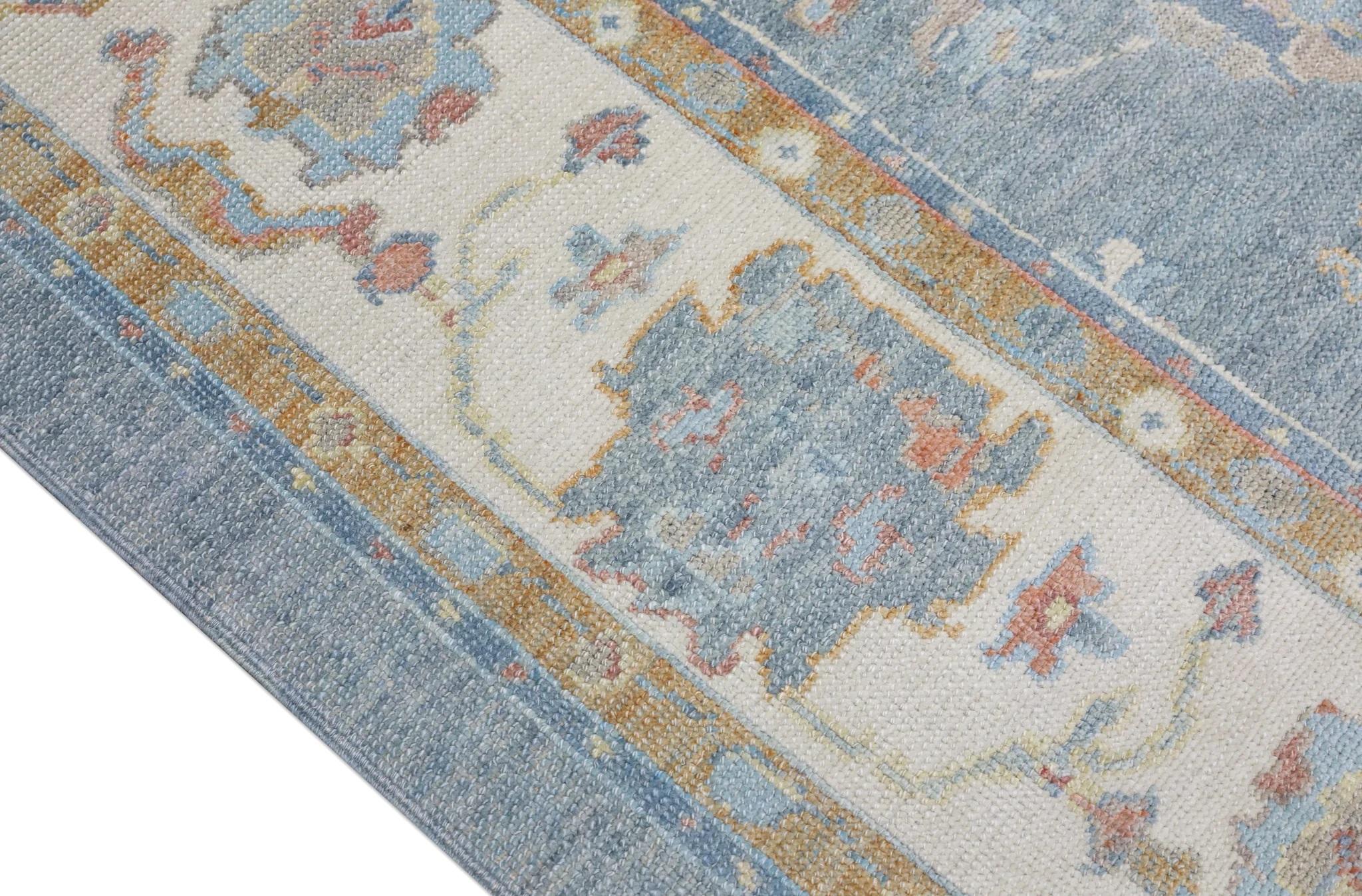 Vegetable Dyed Blue Floral Design Turkish Oushak Rug Made with Handwoven Wool 9'4