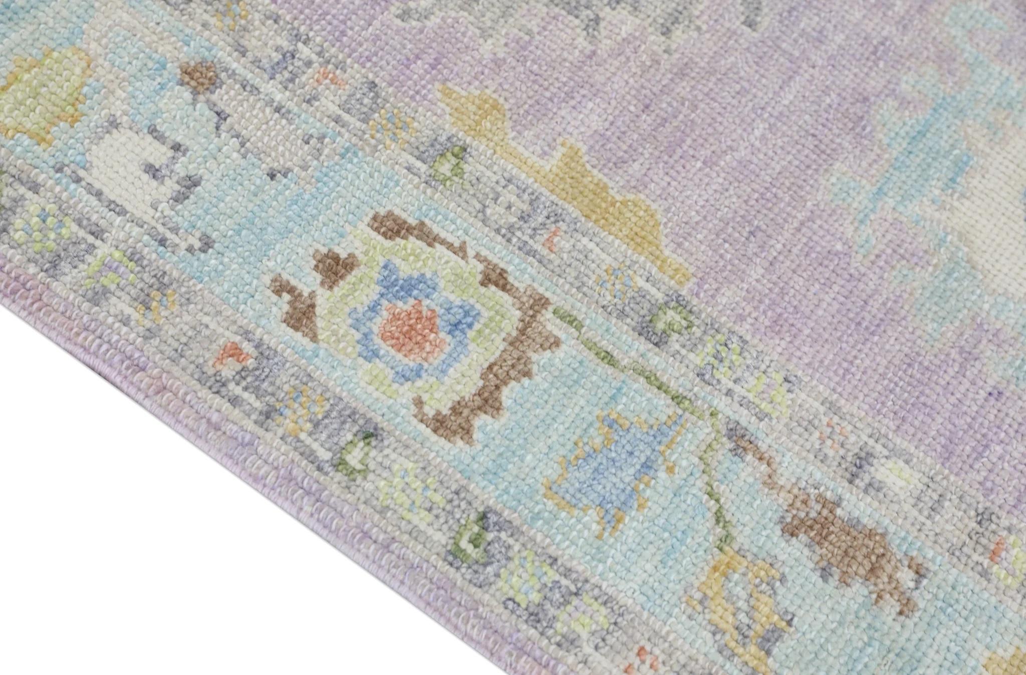Vegetable Dyed Handwoven Wool Turkish Oushak Rug with Lilac Floral Design 3'1
