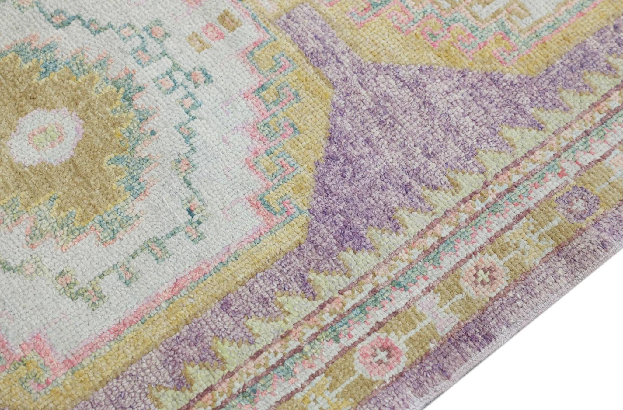 Turco Tappeto Oushak turco multicolore in lana intrecciata a mano con disegno a medaglione 3' x 10'3