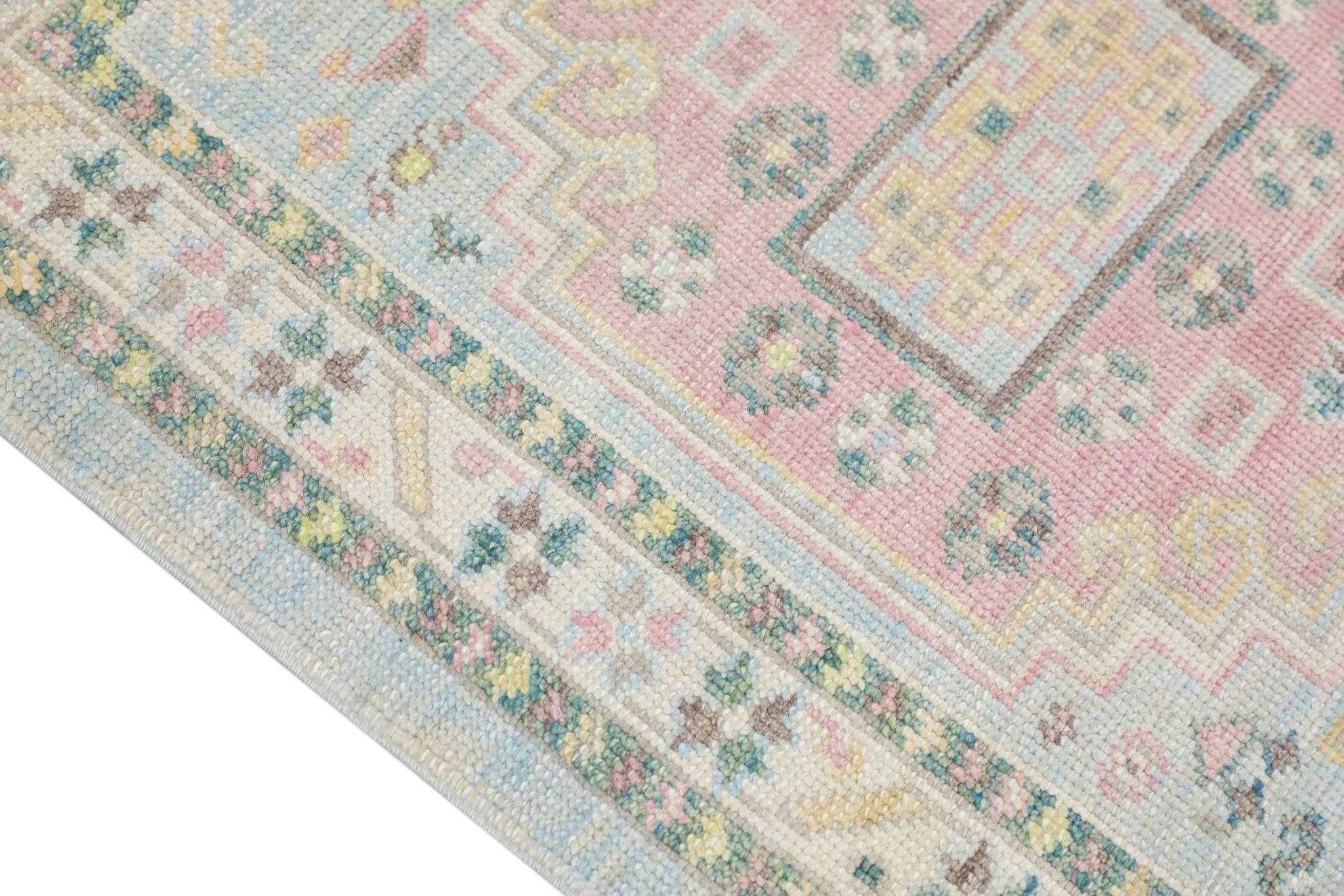 Hand-Woven Green/Pink Handwoven Wool Floral Turkish Oushak Rug 3' x 4'6