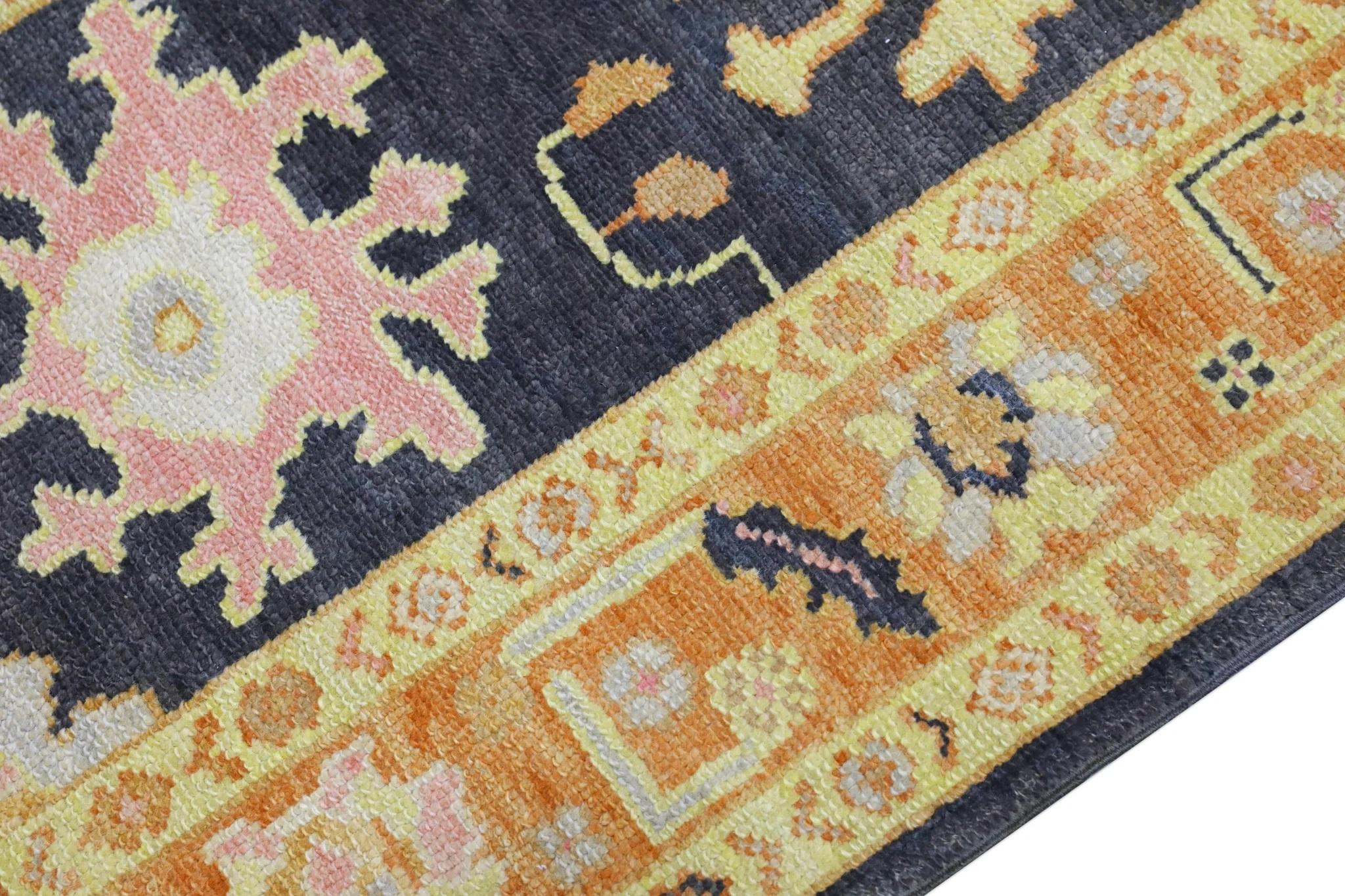 Vegetable Dyed Handwoven Turkish Oushak Rug with Orange and Pink Floral Design 3'1