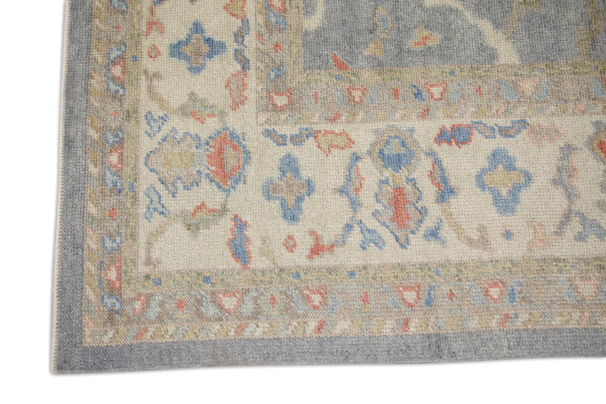 Vegetable Dyed Blue Handwoven Wool Turkish Oushak Rug in Multicolor Floral Pattern 8' x 8'11
