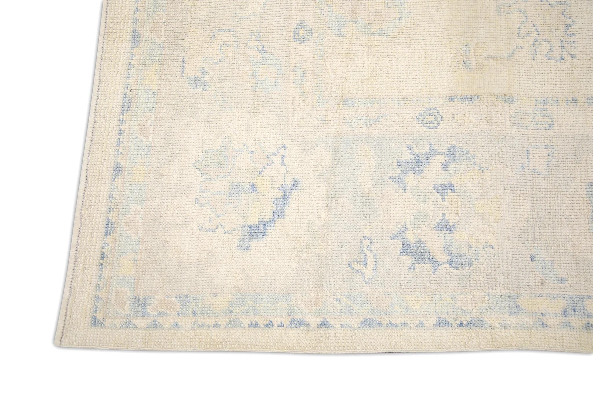 Vegetable Dyed Cream Handwoven Wool Turkish Oushak Rug in Blue & Pink Floral Design 8' x 9'8