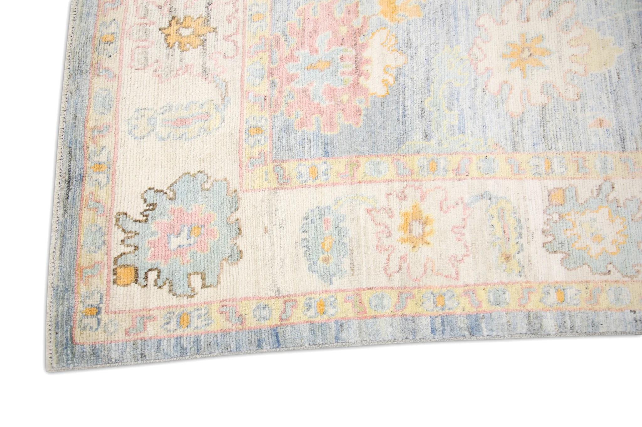 Vegetable Dyed Blue Colorful Floral Handwoven Wool Turkish Oushak Rug 7'5