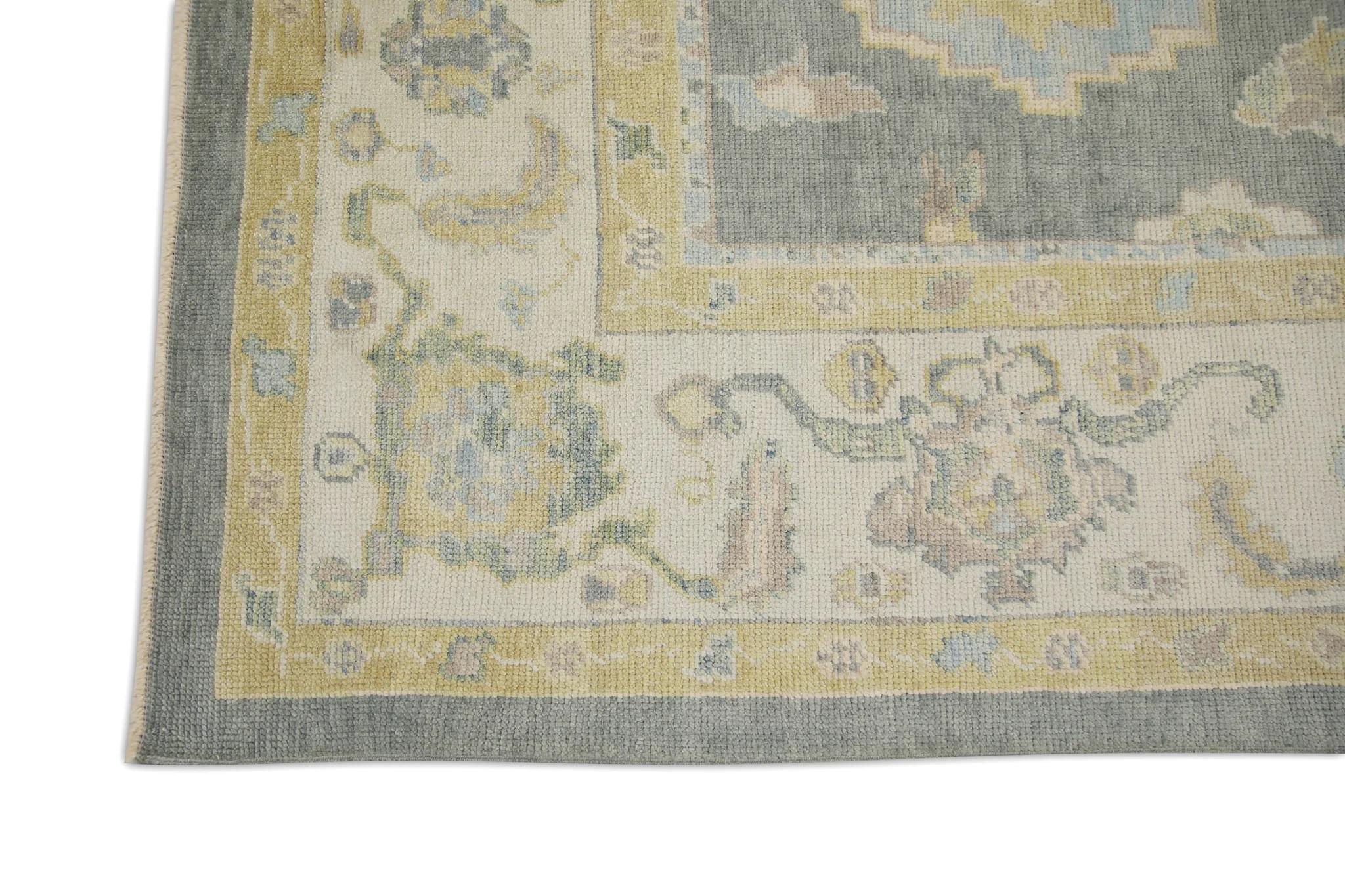 Vegetable Dyed Gray & Yellow Handwoven Wool Turkish Oushak Rug in Floral Design 7'11