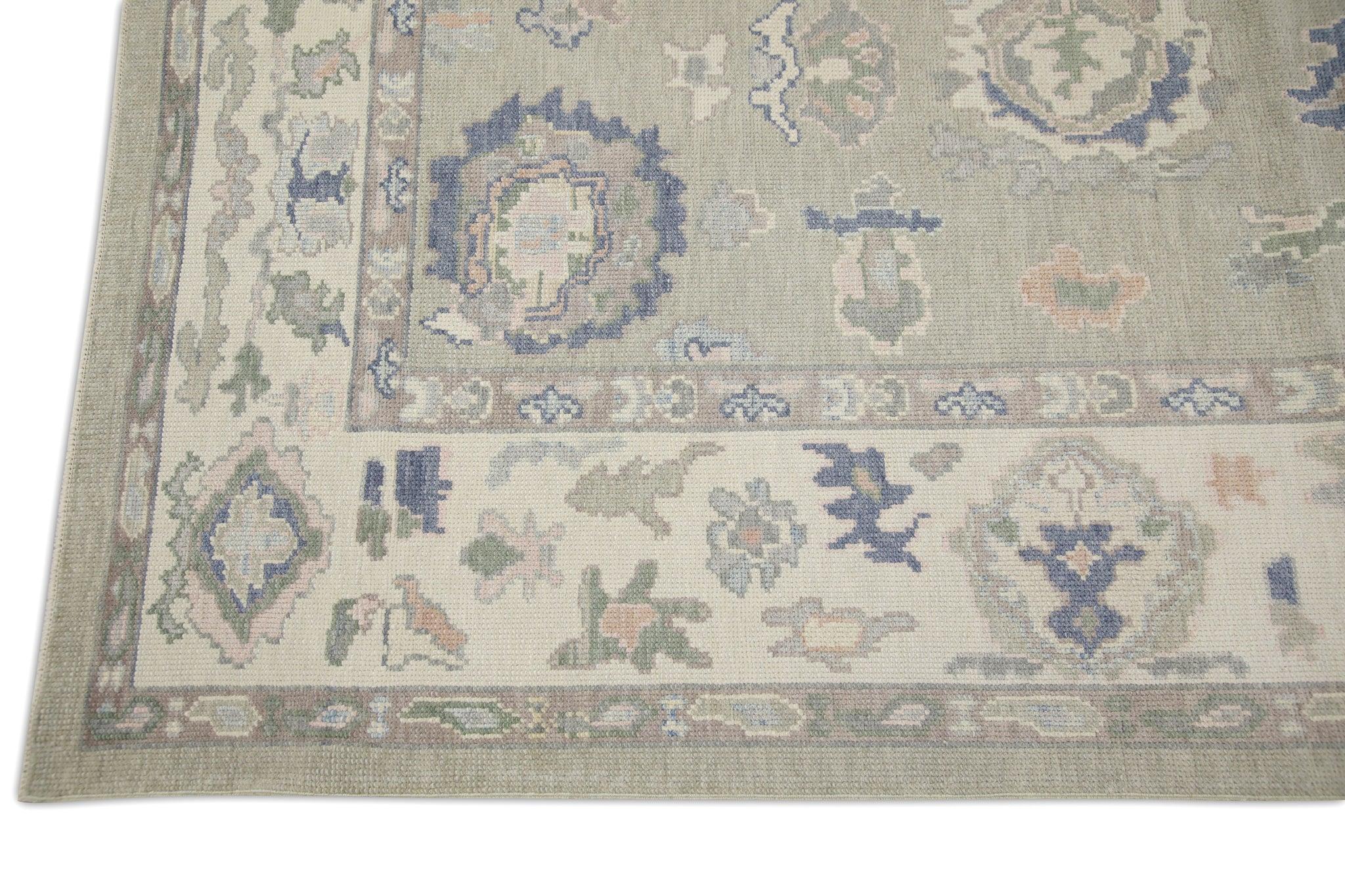 Hand-Woven Green & Blue Floral Handwoven Wool Turkish Oushak Rug 8' x 9'1