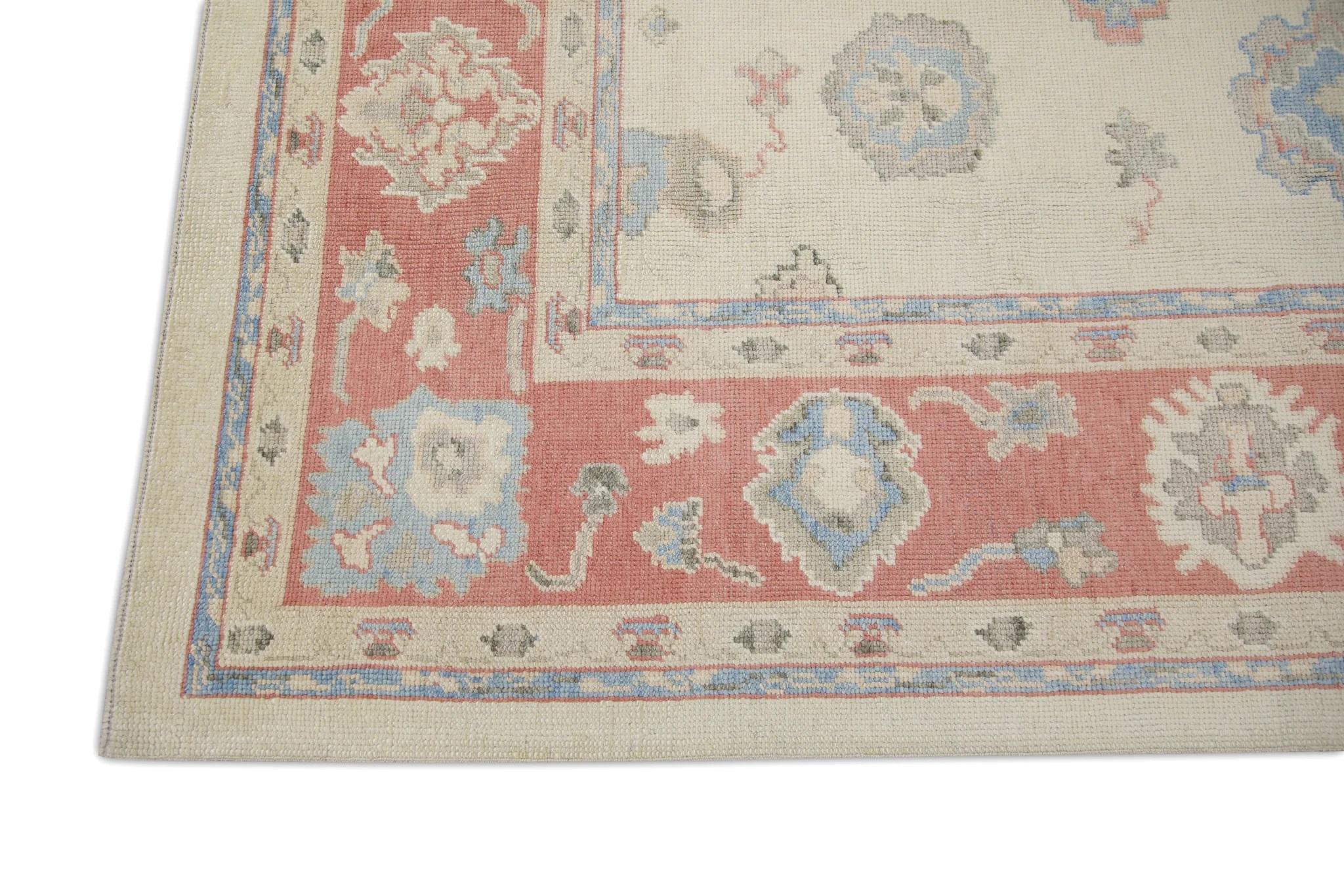 Vegetable Dyed Cream Handwoven Wool Turkish Oushak Rug in Red & Blue Floral Design 8'3