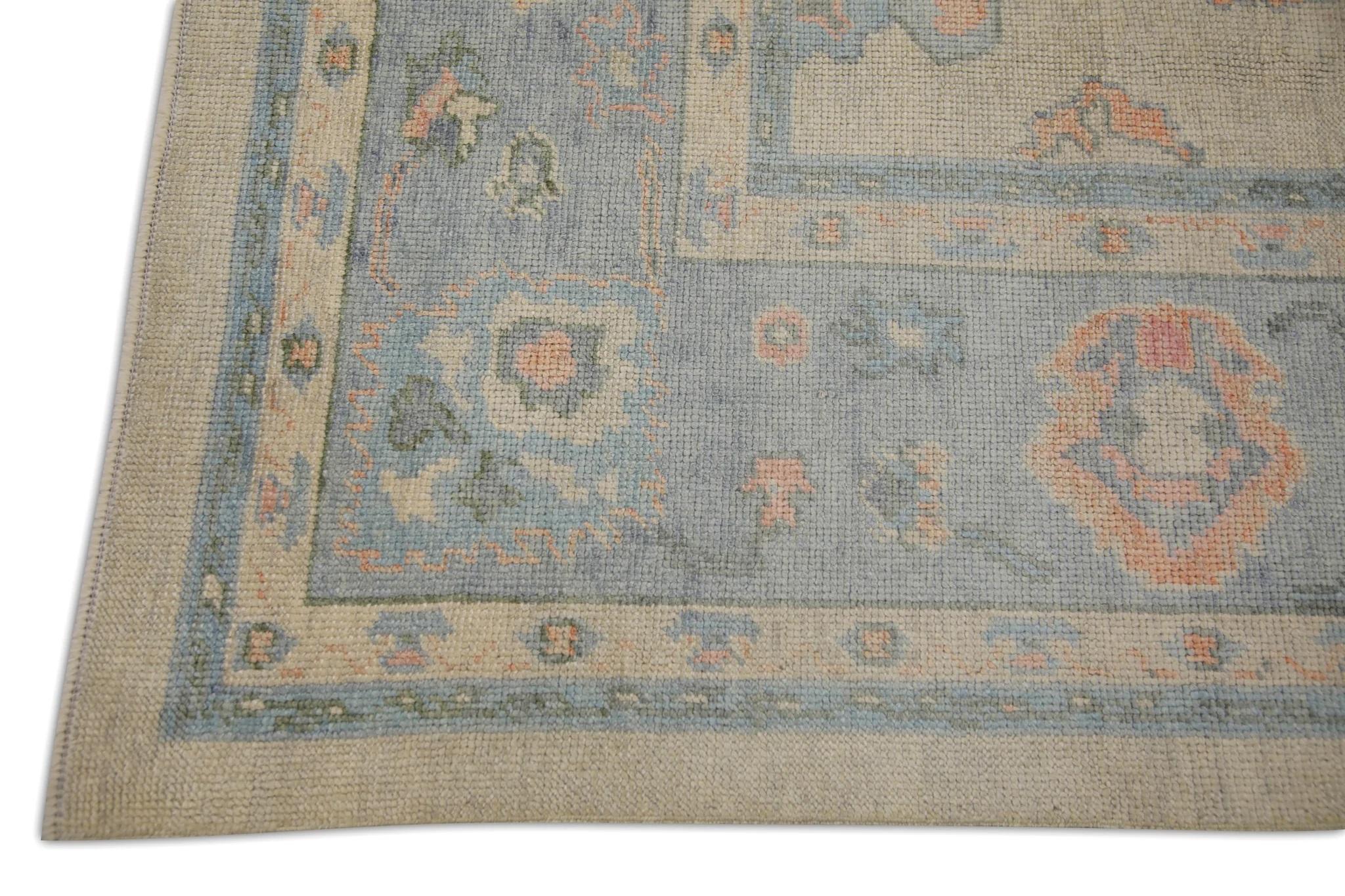 Vegetable Dyed Handwoven Wool Turkish Oushak Rug in Blue & Salmon Floral Pattern 8'3