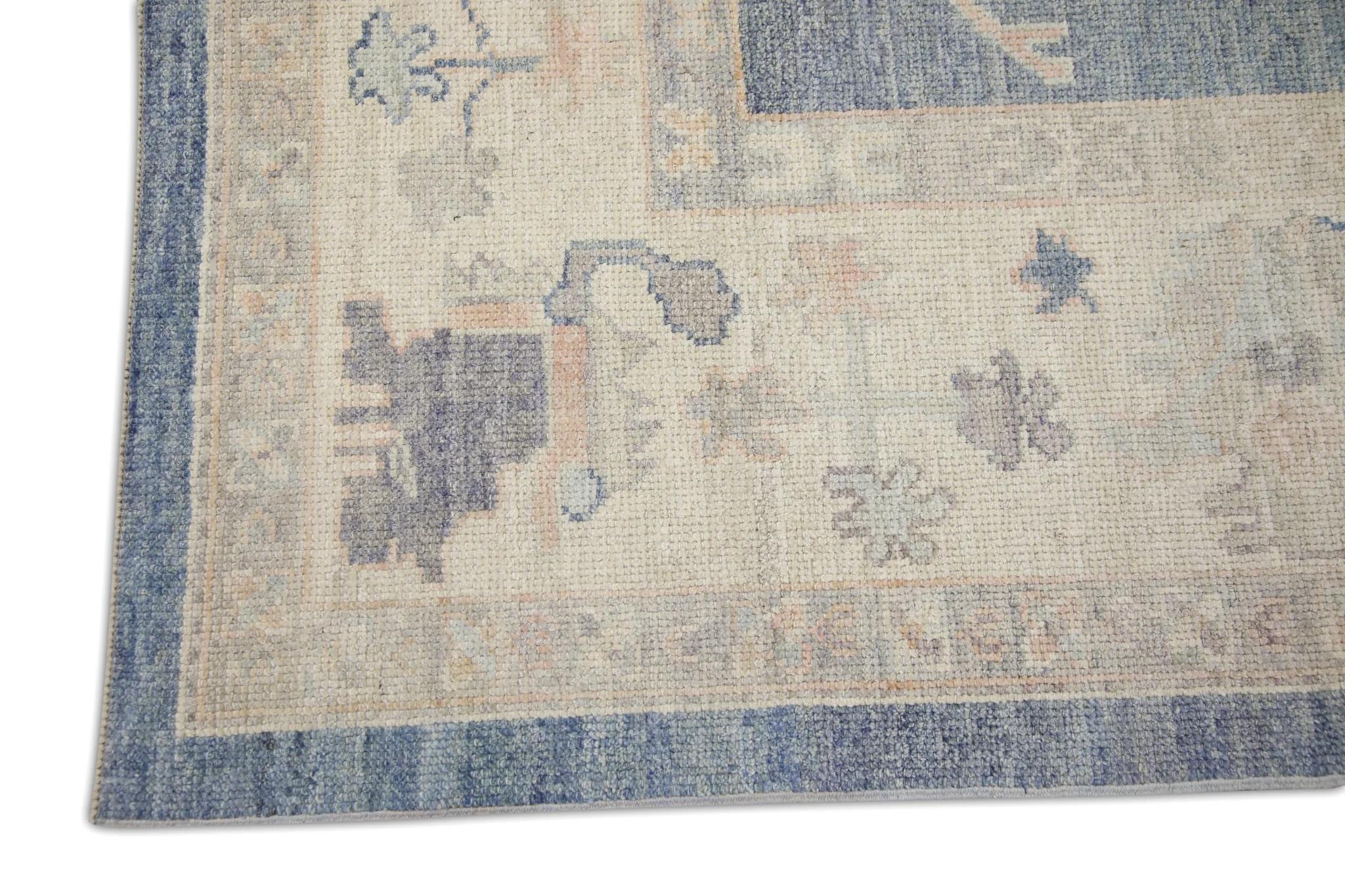 Vegetable Dyed Blue Floral Handwoven Wool Turkish Oushak Rug 8'1